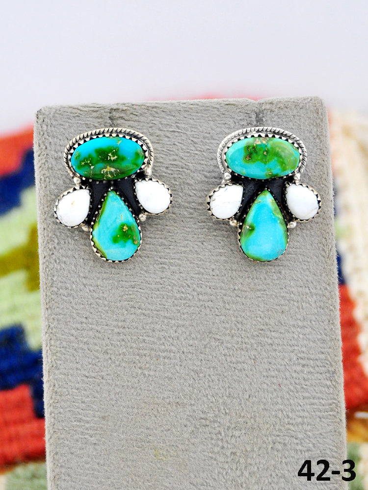 Southwest Made Sonoran Turquoise with White Buffalo & Sterling Silver Post Dangle Earrings