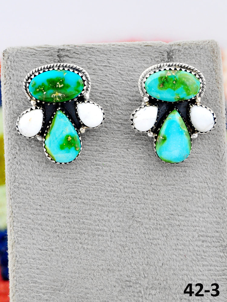 Southwest Made Sonoran Turquoise with White Buffalo & Sterling Silver Post Dangle Earrings