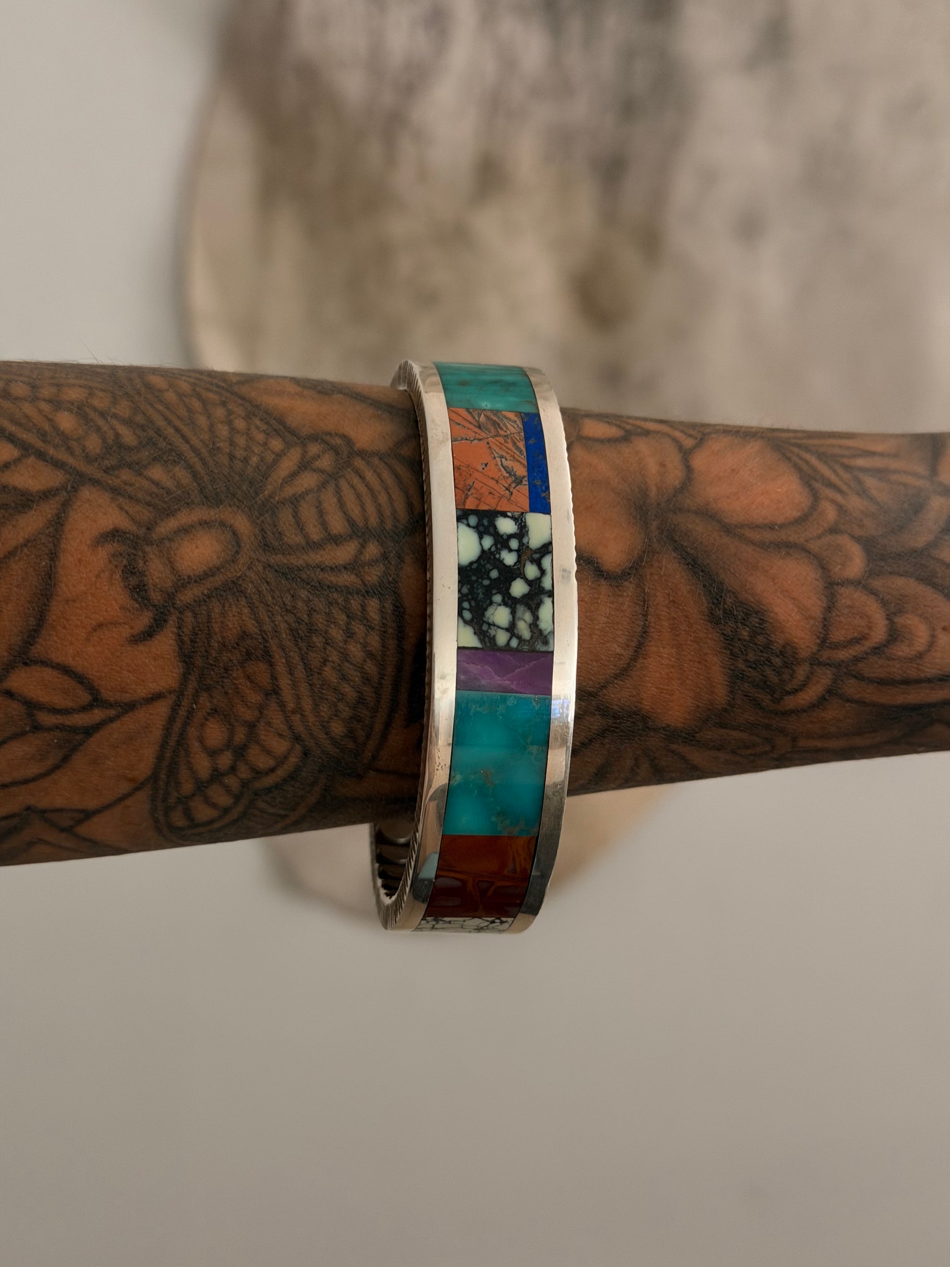 Steve Yellowhorse Multi Stone & Sterling Silver Inlay Cuff Bracelet
