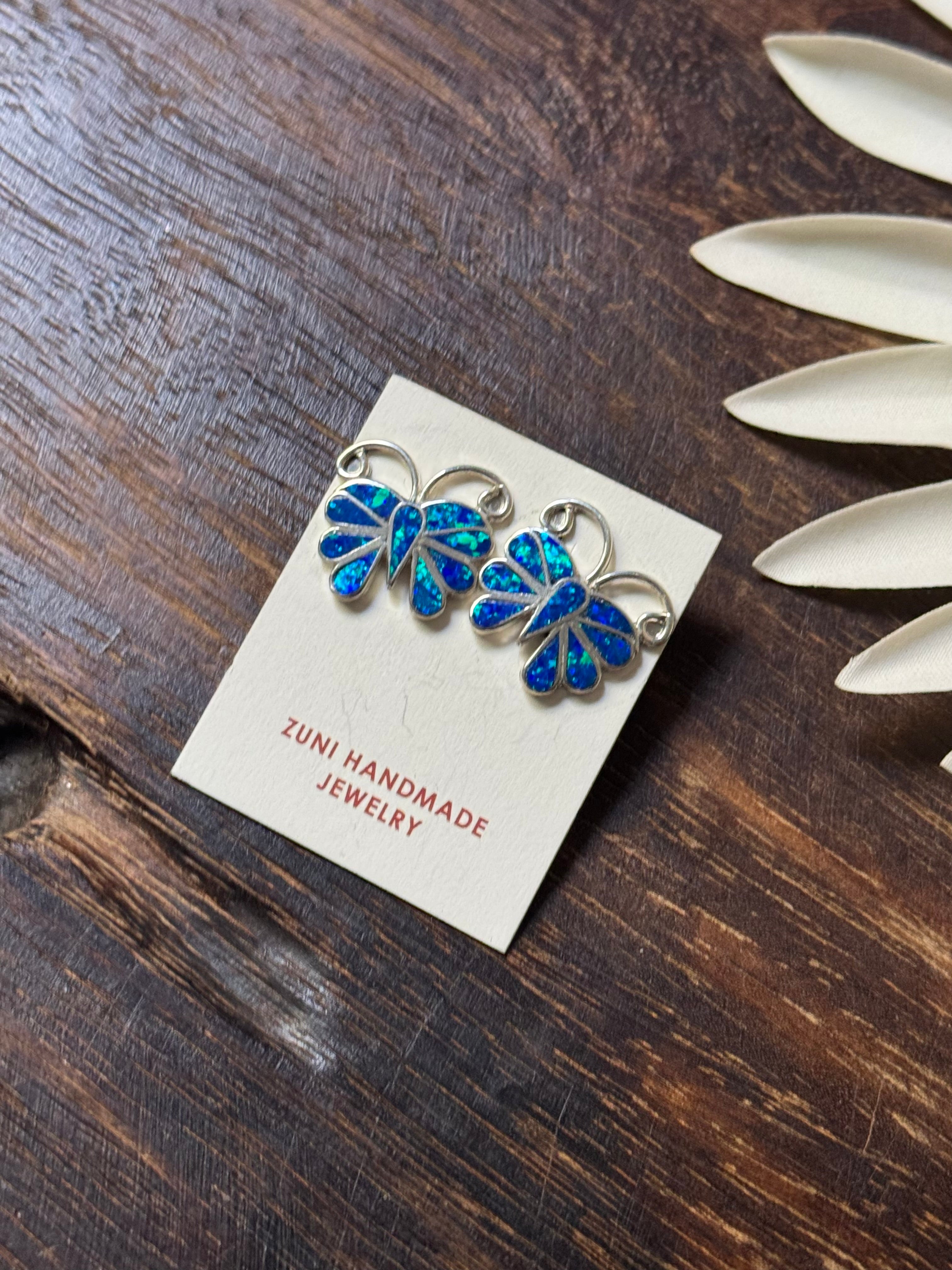 Zuni Made Blue Opal(Man-Made) & Sterling Silver Post Dragonfly Earrings