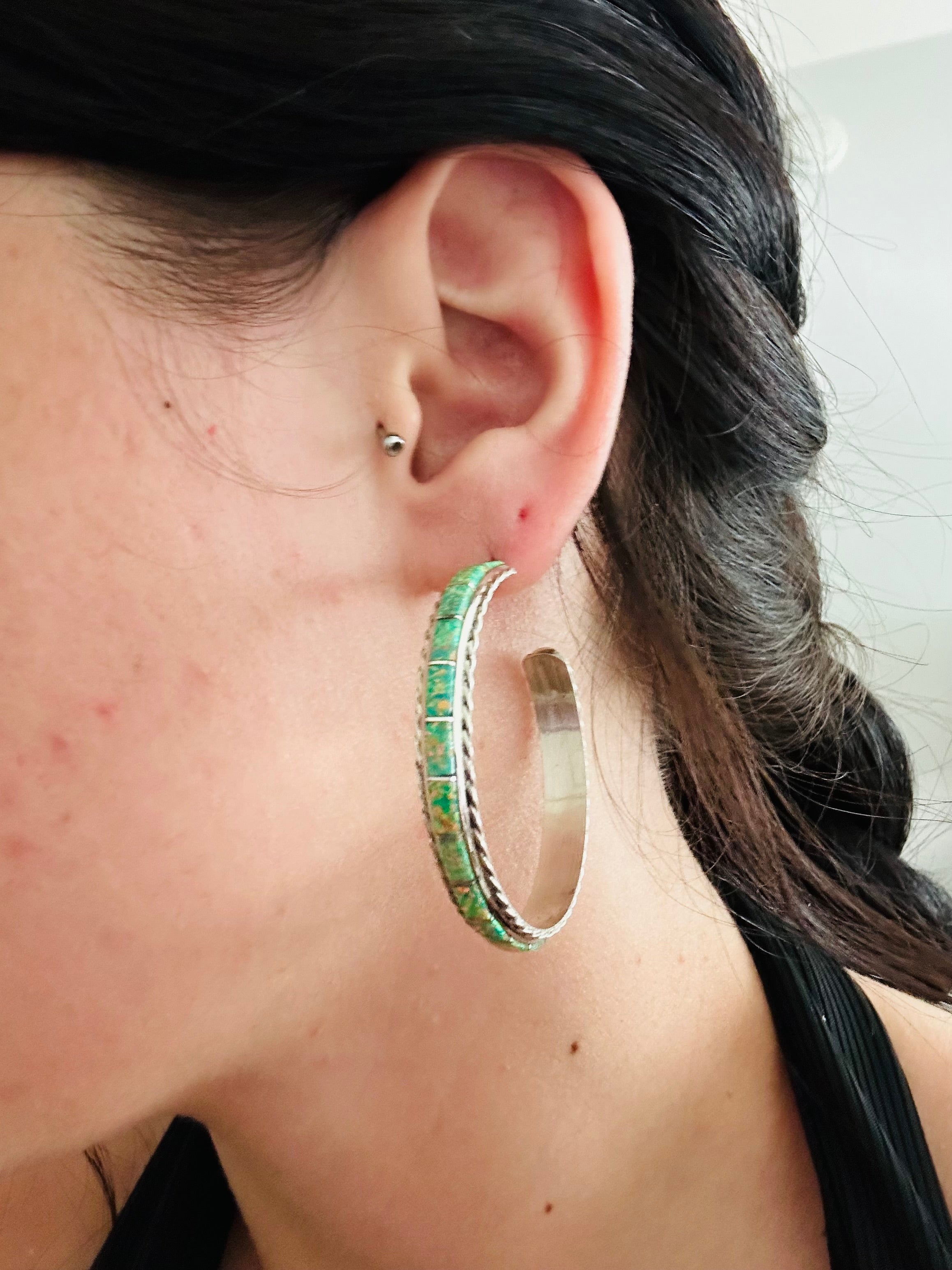 Navajo Made Opal & Sterling Silver Hoop Earrings