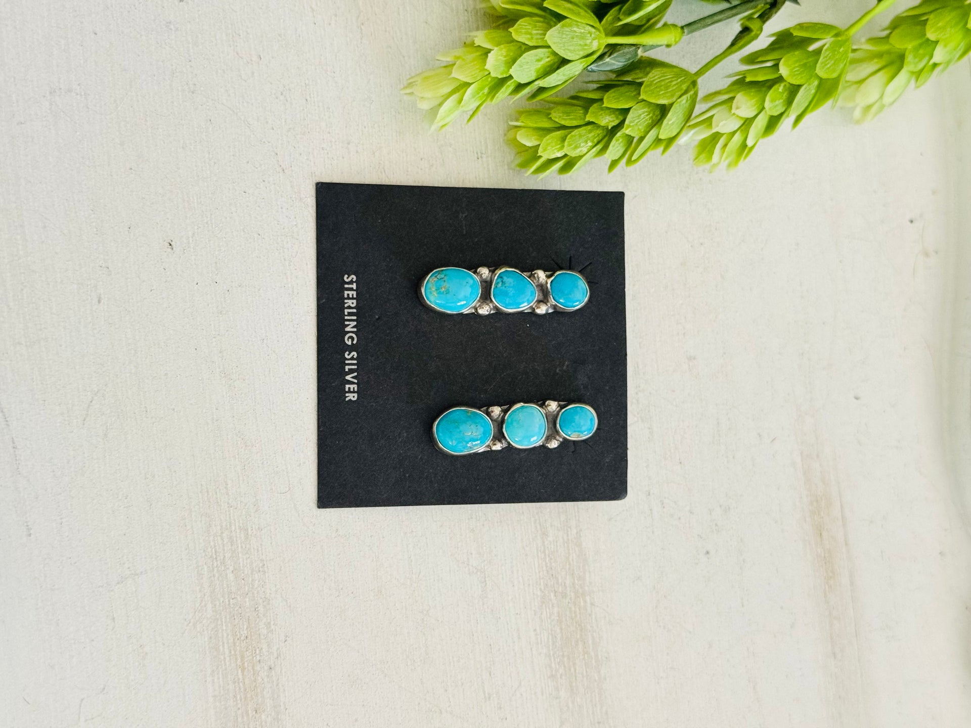 Navajo Made Kingman Turquoise & Sterling Silver Post Dangle Earrings