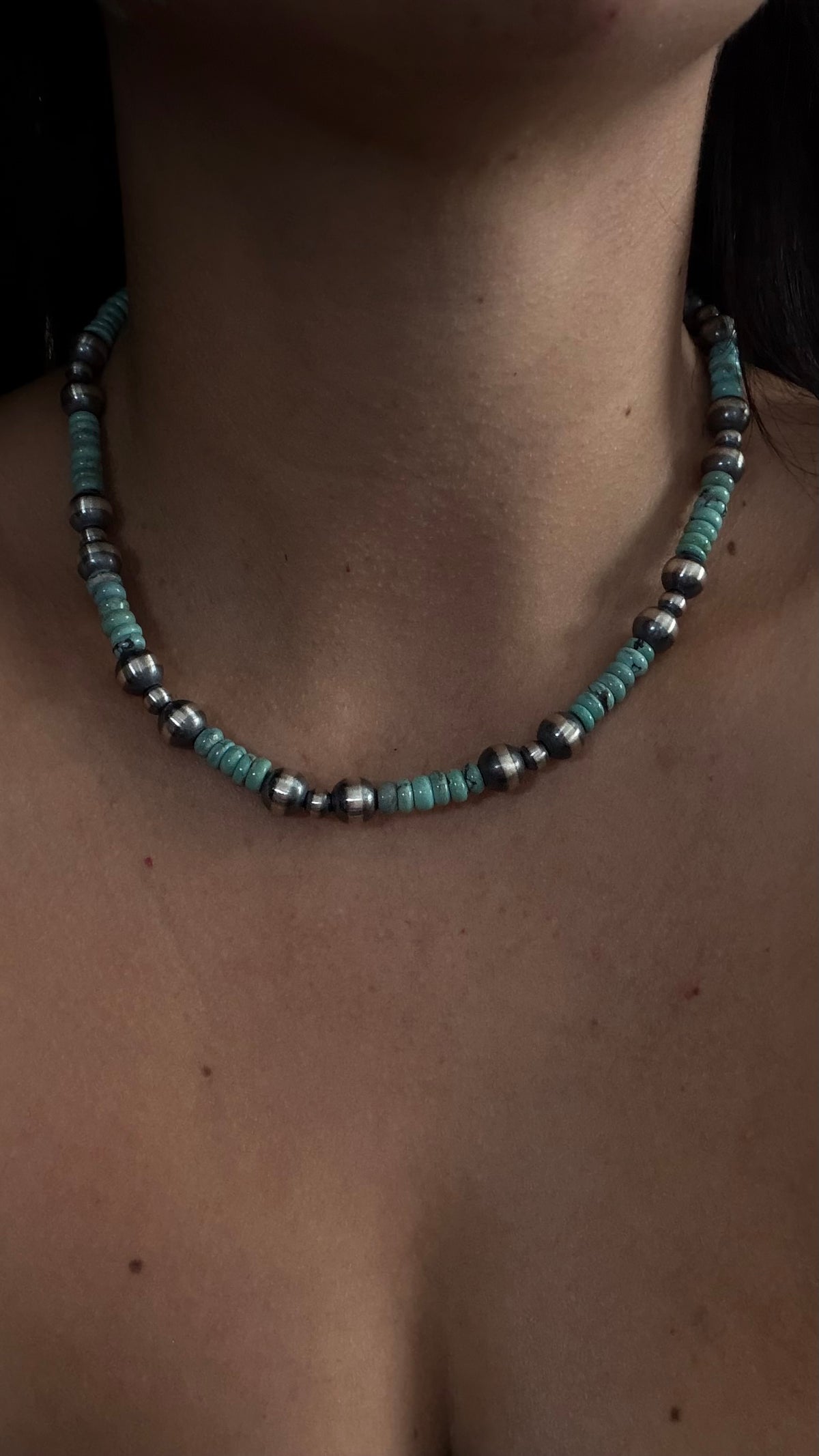 Navajo Strung Kingman Turquoise & Sterling Silver Machine Made Pearl 16” Necklace