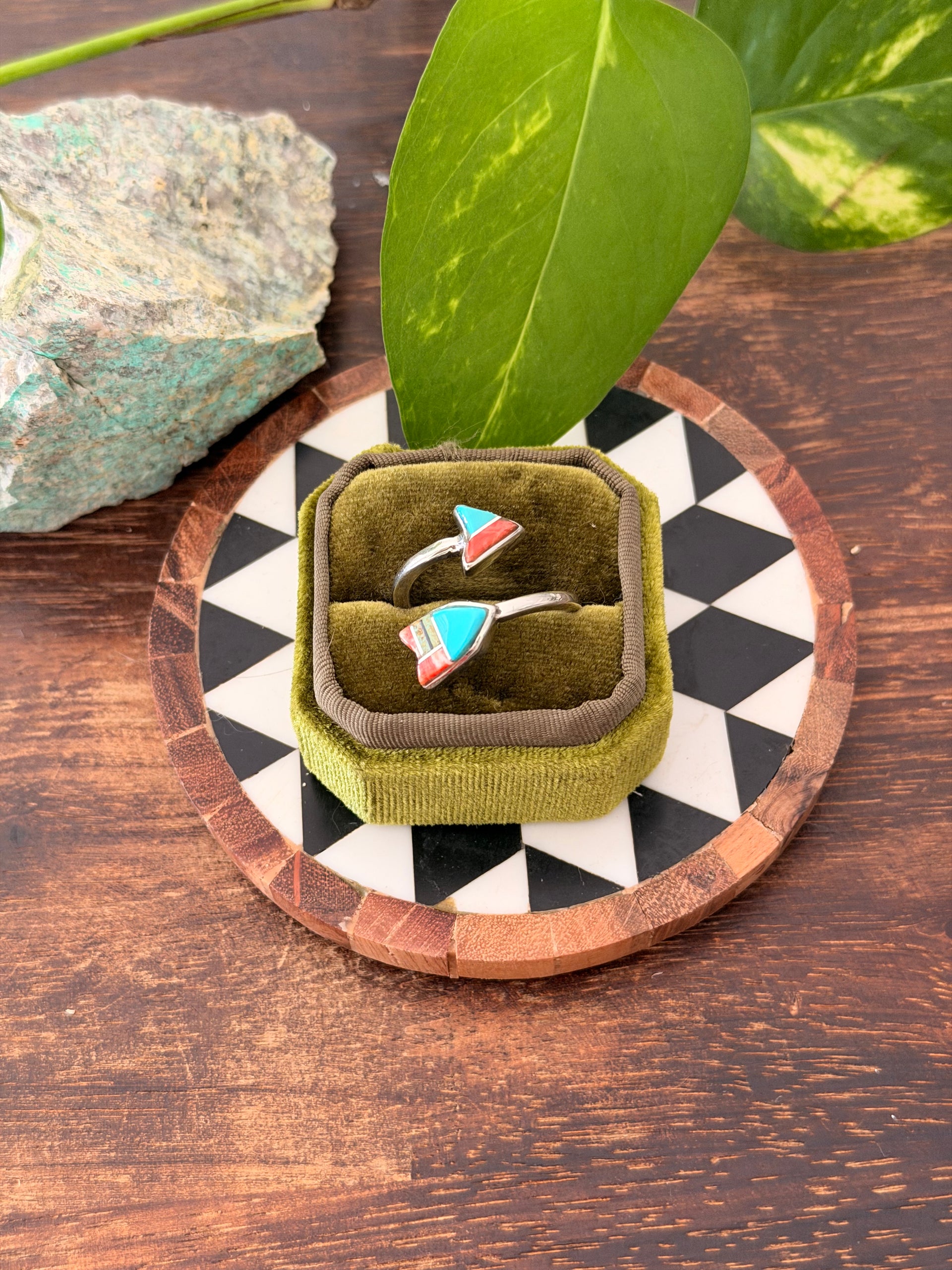 Navajo Made Multi Stone & Sterling Silver Inlay Arrow Adjustable Ring