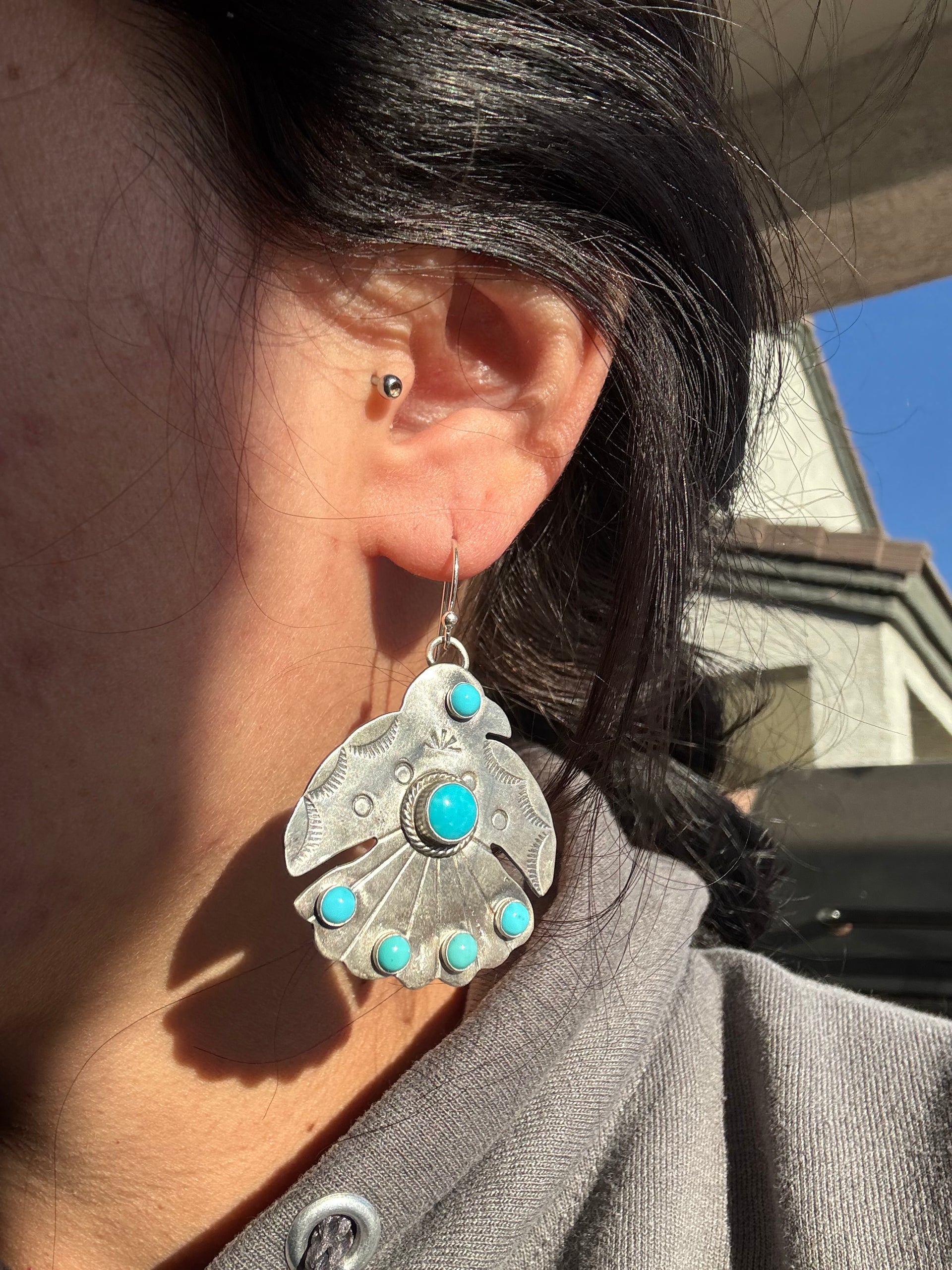Navajo Made Turquoise & Sterling Silver Thunderbird Dangle Earrings