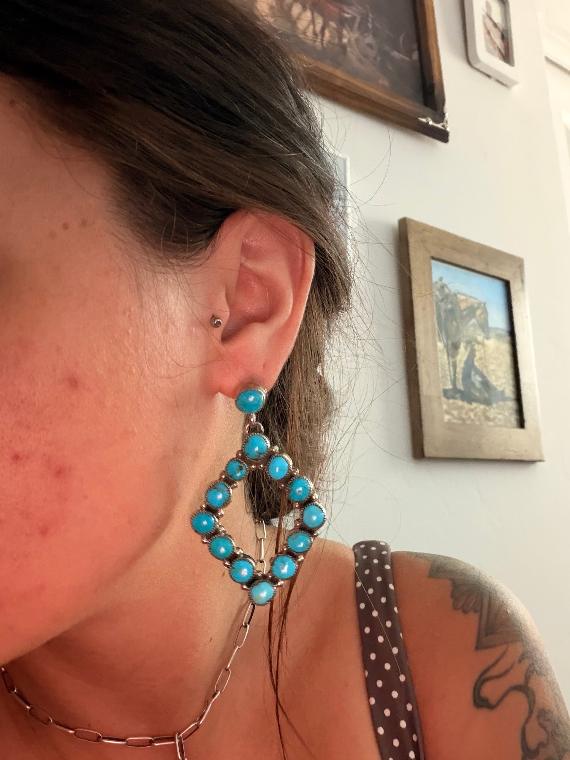 Aaron Davis Kingman Turquoise & Sterling Silver Post Dangle Cluster Earrings