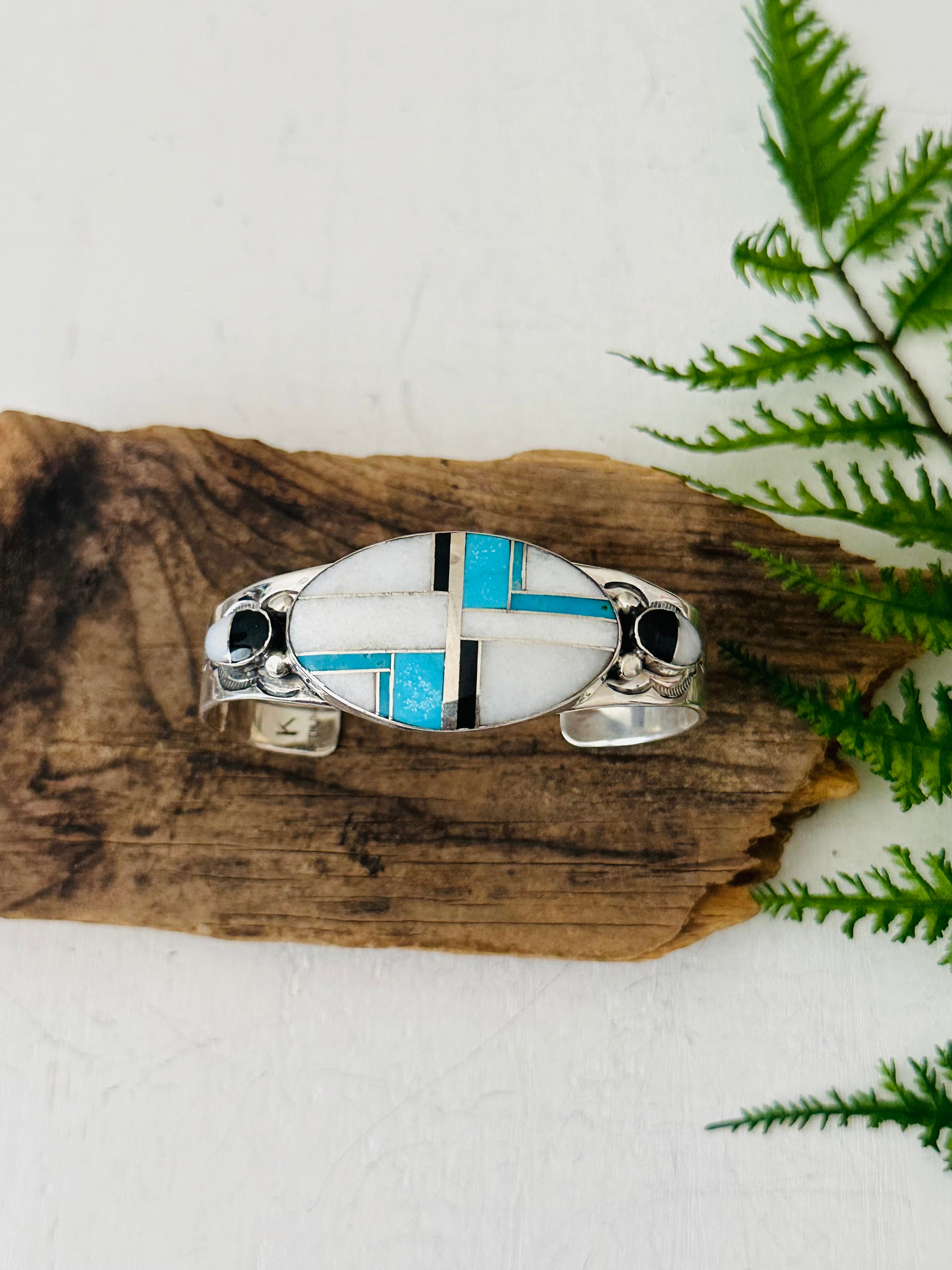 Navajo Made Multi Stone & Sterling Silver Inlay Cuff Bracelet