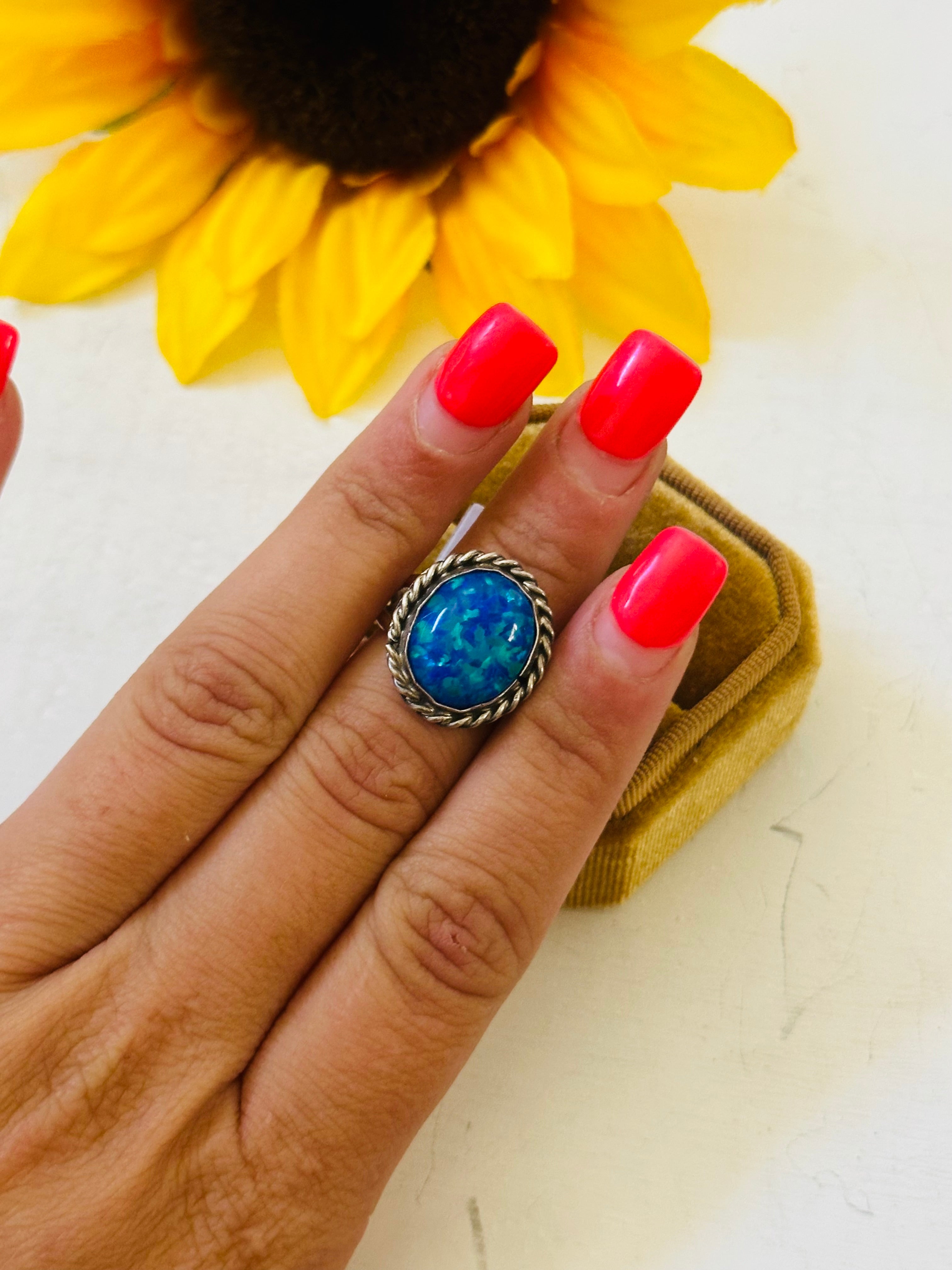 Navajo Made Blue Opal & Sterling Silver Ring Size 6.5