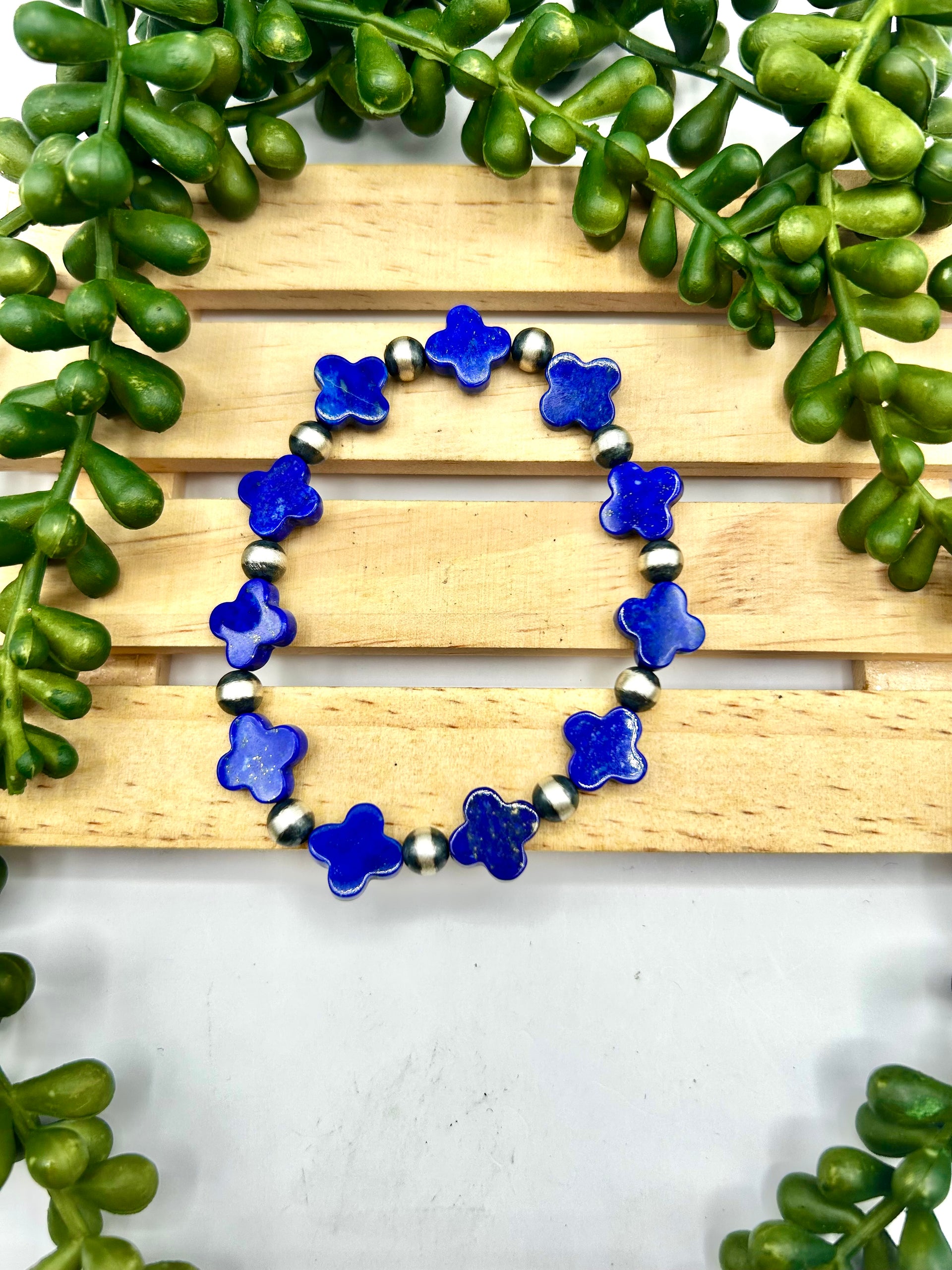 Navajo Made Strung Lapis & Sterling Silver Strung Stretchy Bracelet