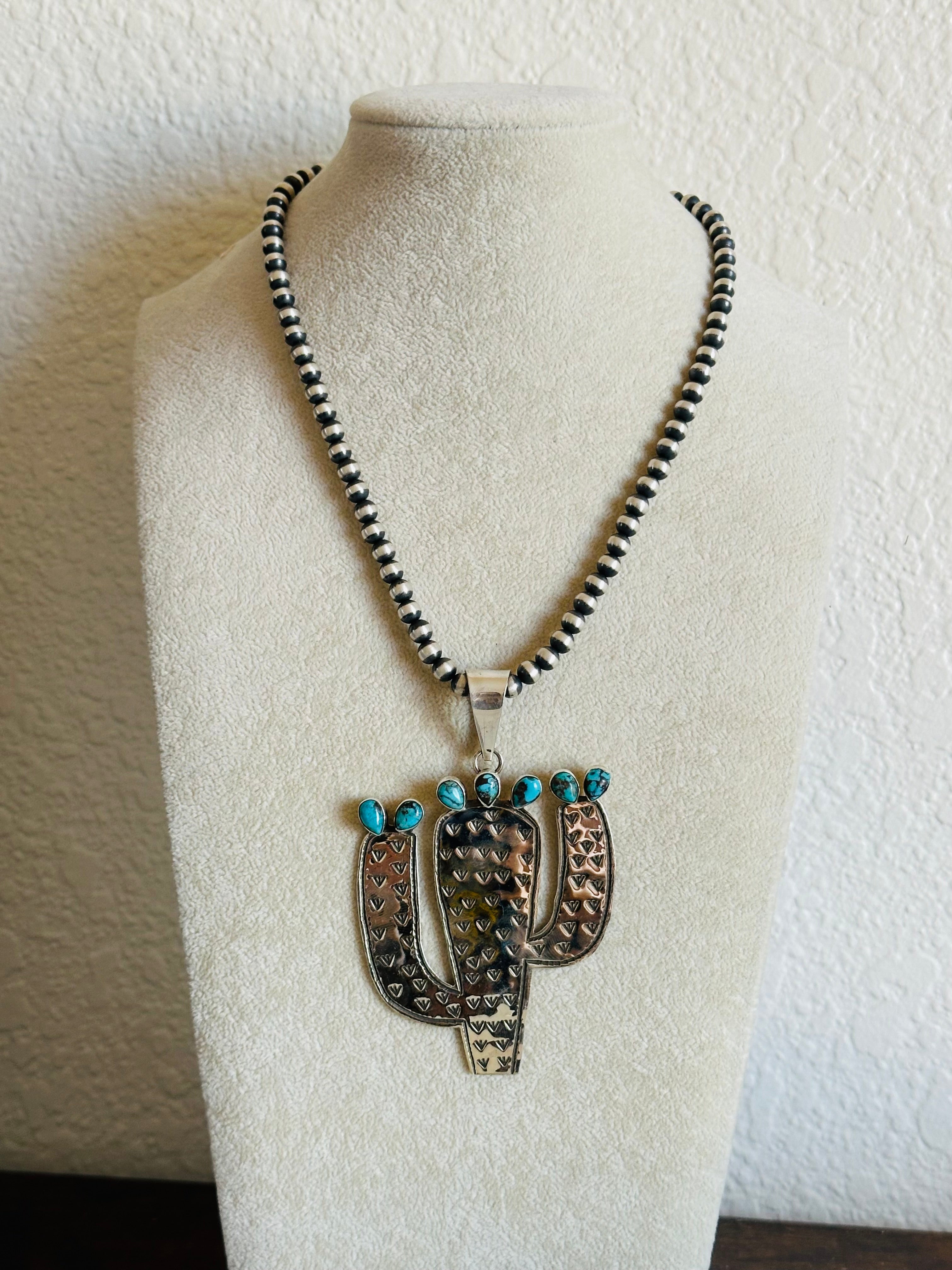Alex Sanchez Kingman Turquoise & Sterling Silver Saguaro Pendant