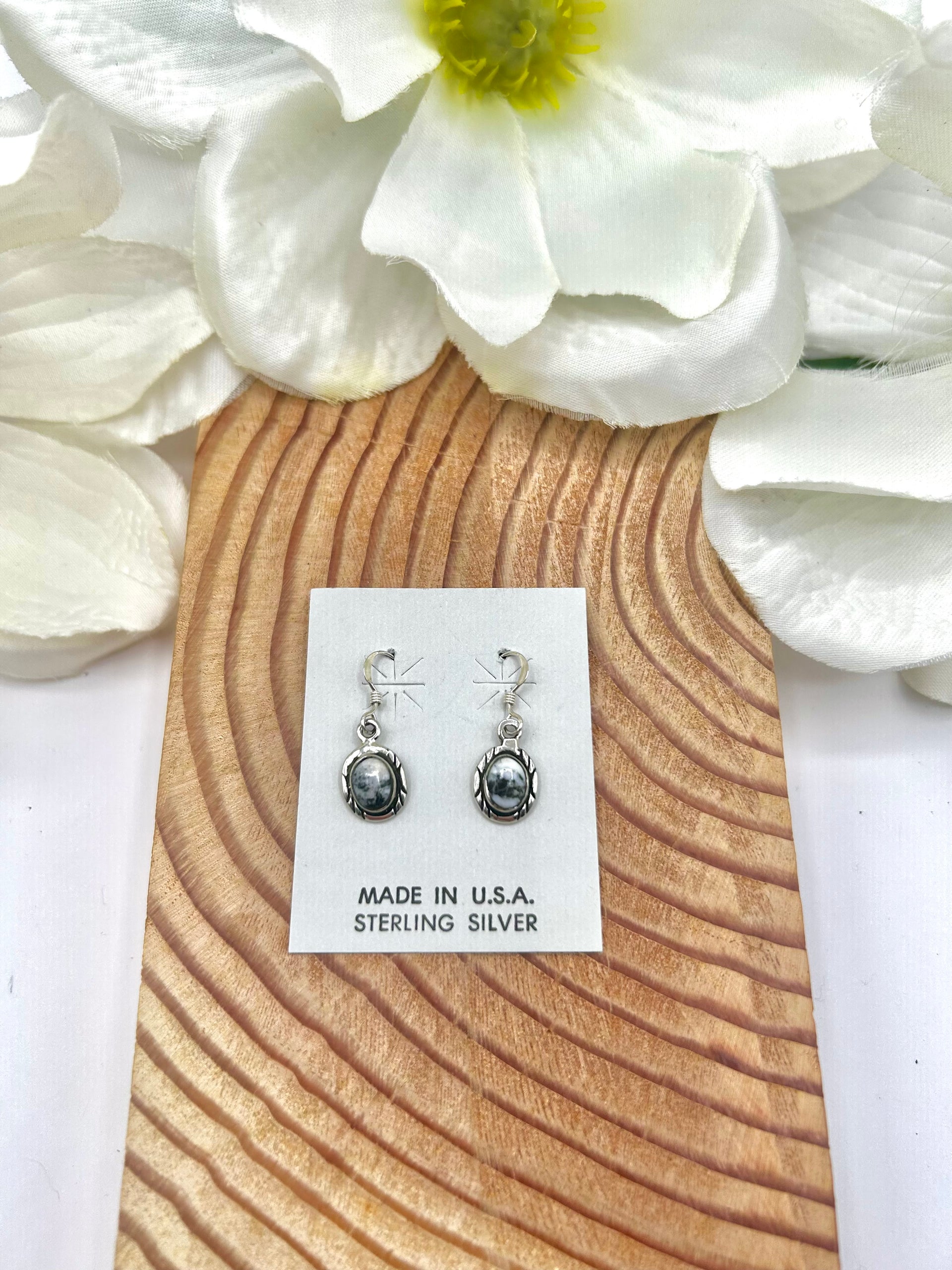 Navajo Made White Buffalo & Sterling Silver Hook Earrings