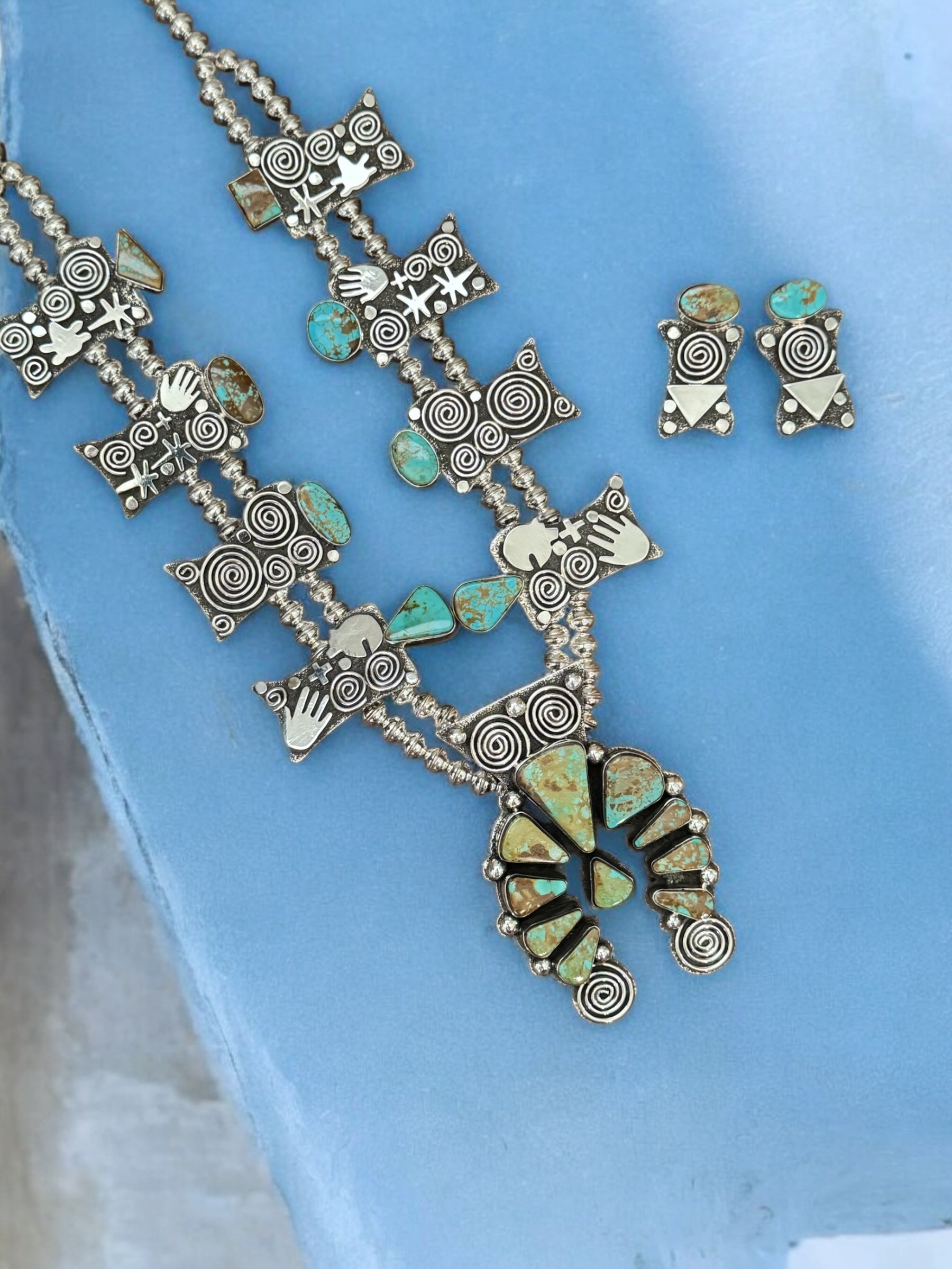 Alex Sanchez Pilot Mountain Turquoise & Sterling Silver Squash Blossom Necklace Set