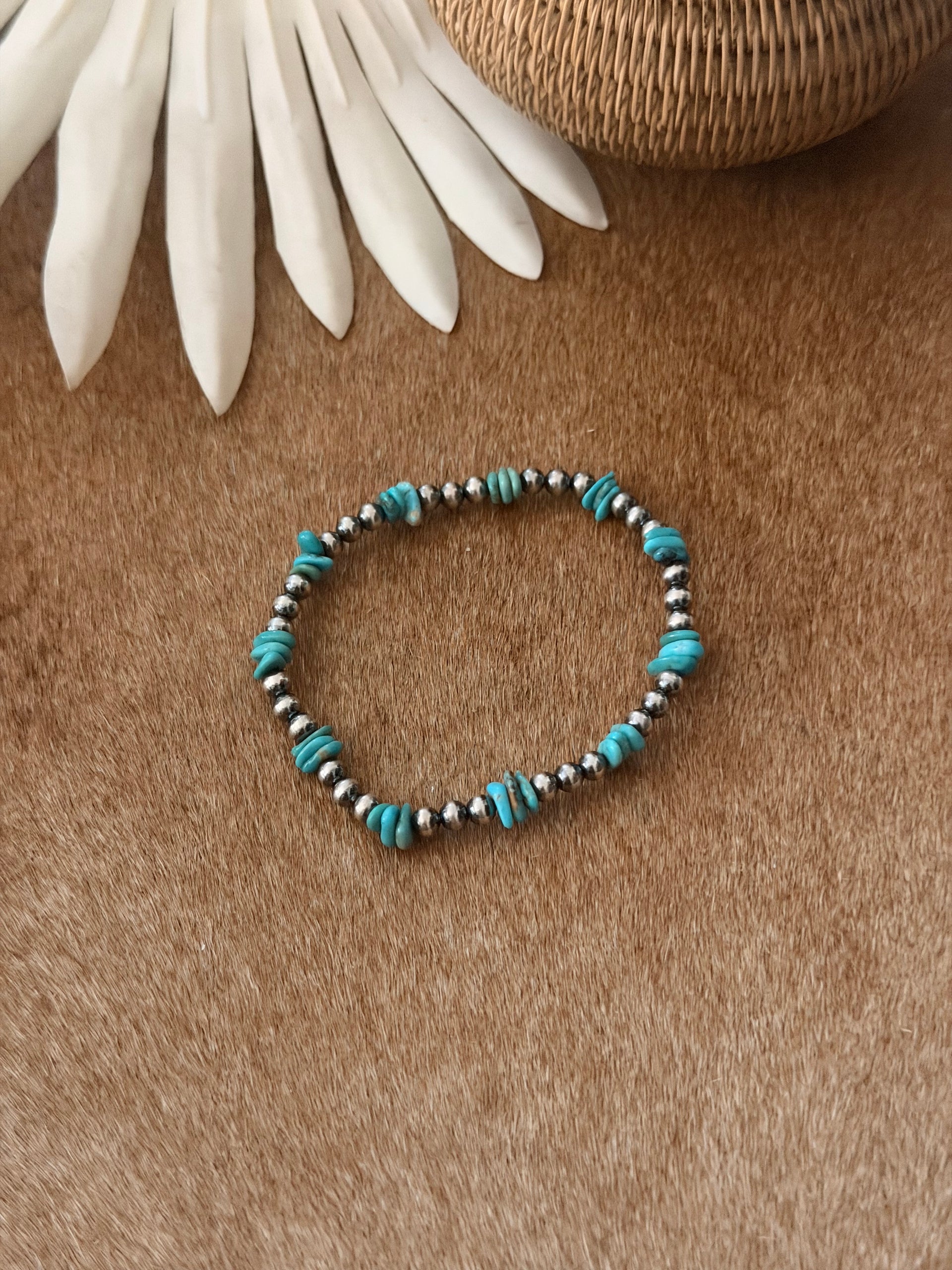 Navajo Made Kingman Turquoise & Sterling Silver Strung Stretchy Bracelet