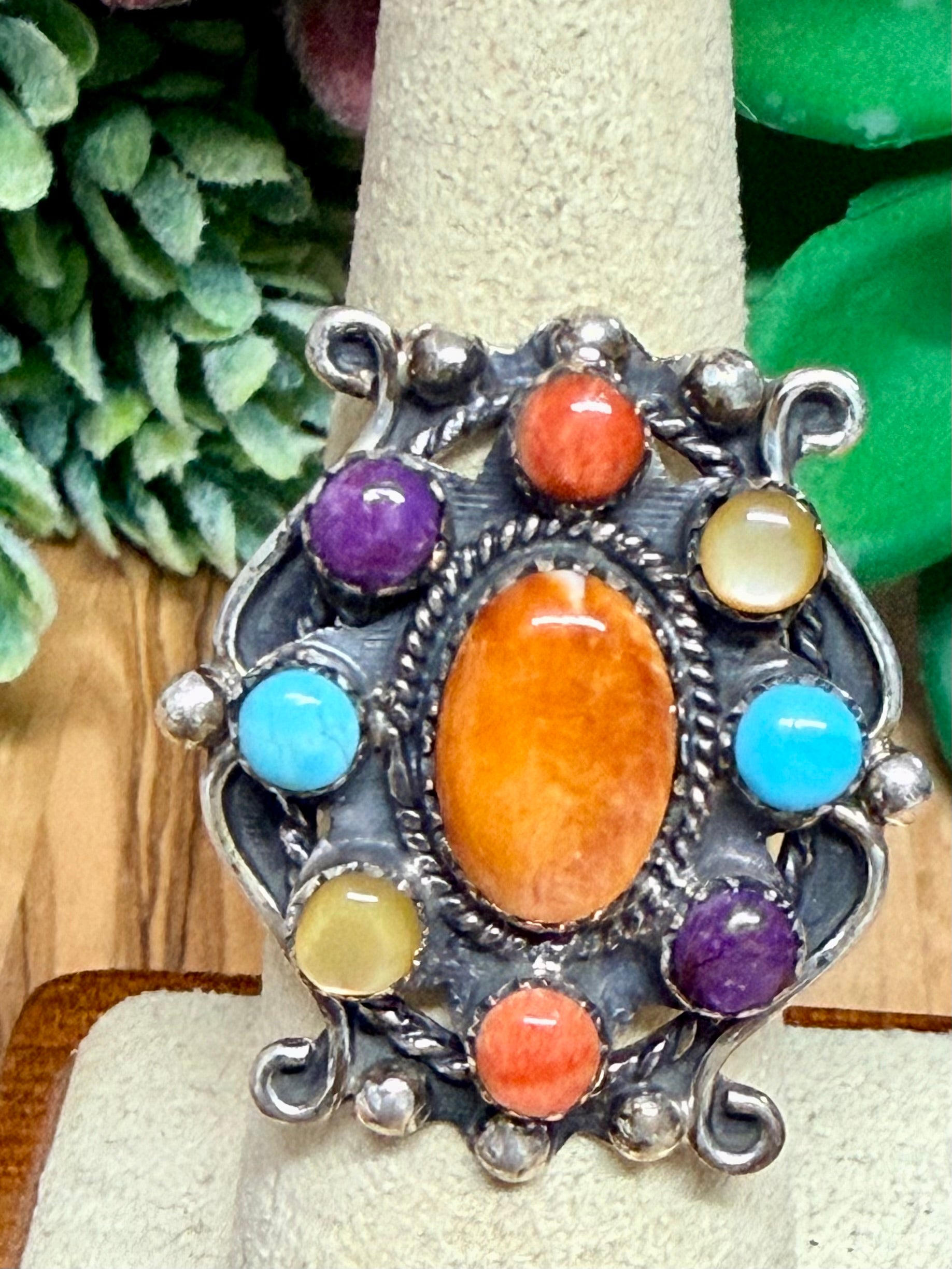 Southwest Handmade Multistone & Sterling Silver Ring Size 7.25