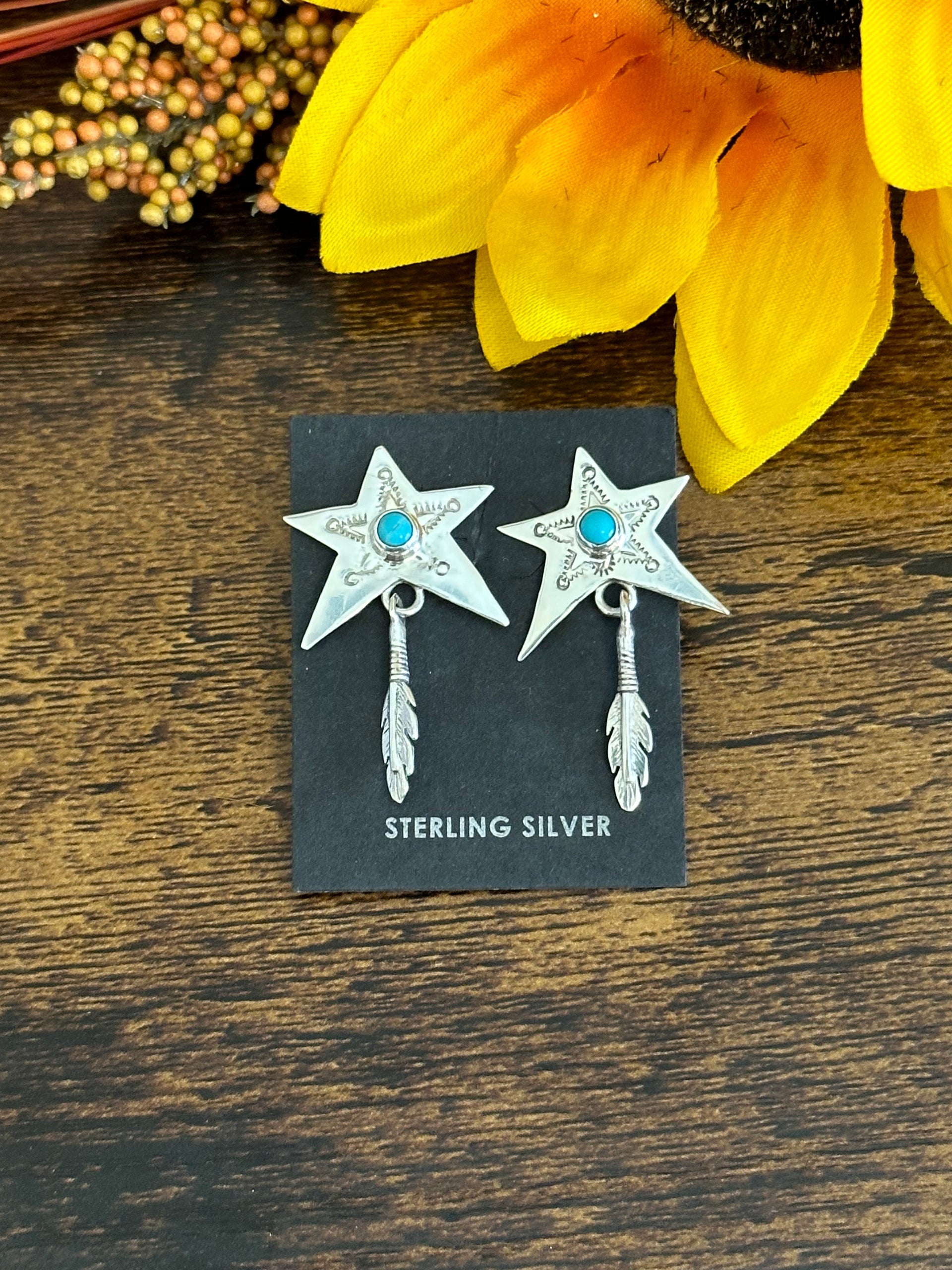 Navajo Made Kingman Turquoise & Sterling Silver Post Dangle Star Earrings