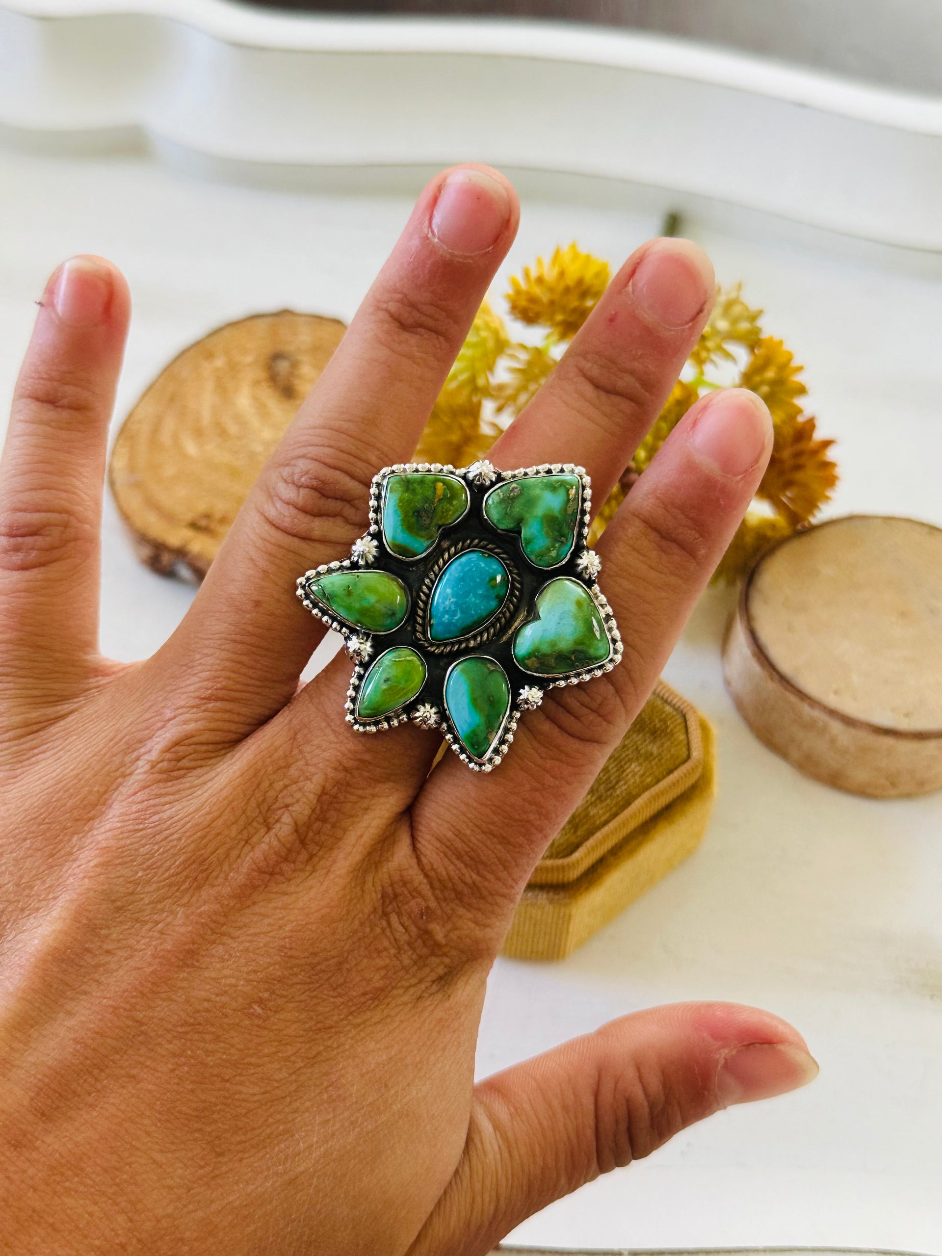 Southwest Handmade Sonoran Mountain Turquoise & Sterling Silver Adjustable Cluster Ring