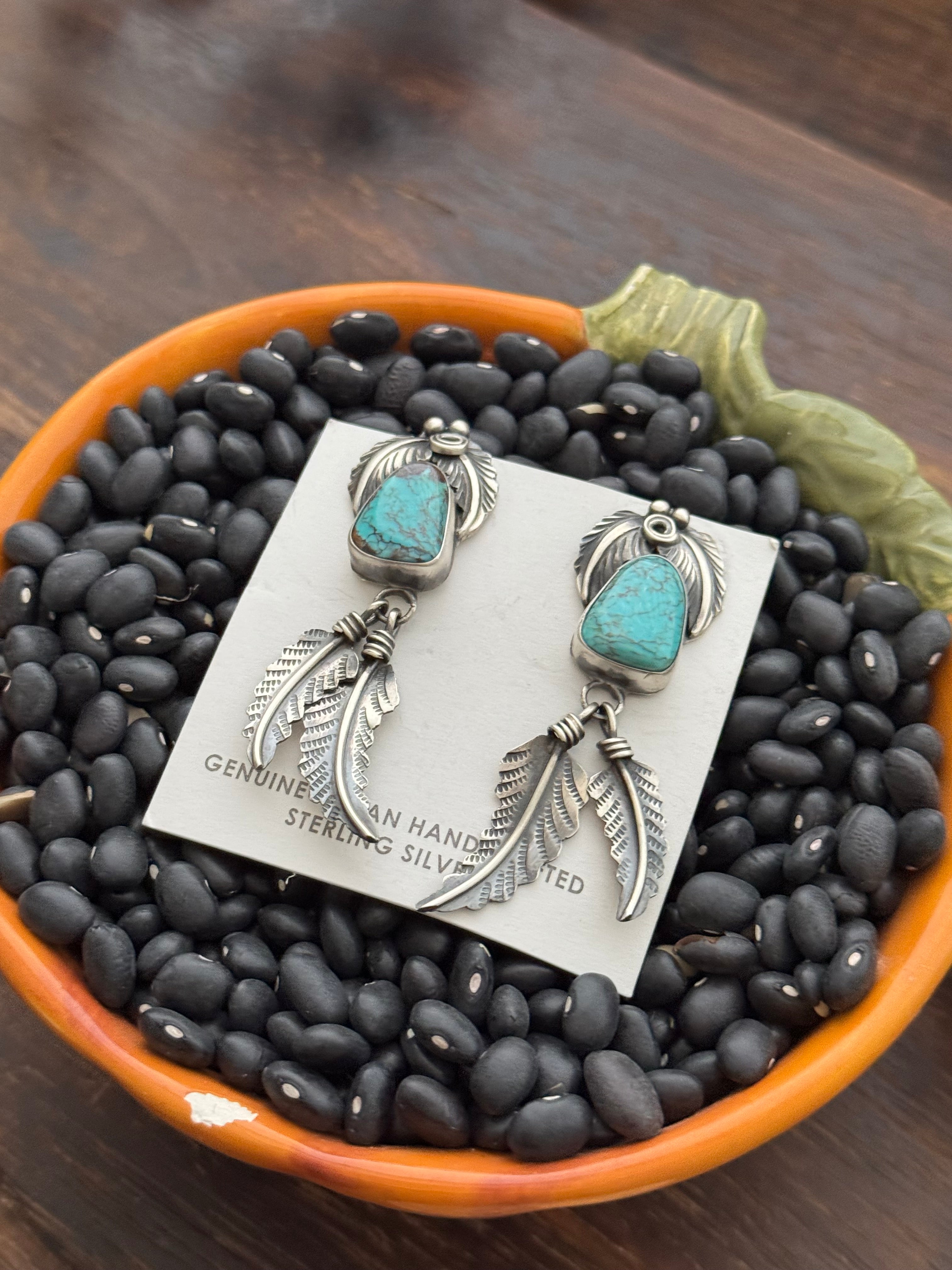 Navajo Handmade #8 Turquoise & Sterling Silver Feather Post Dangle Earrings