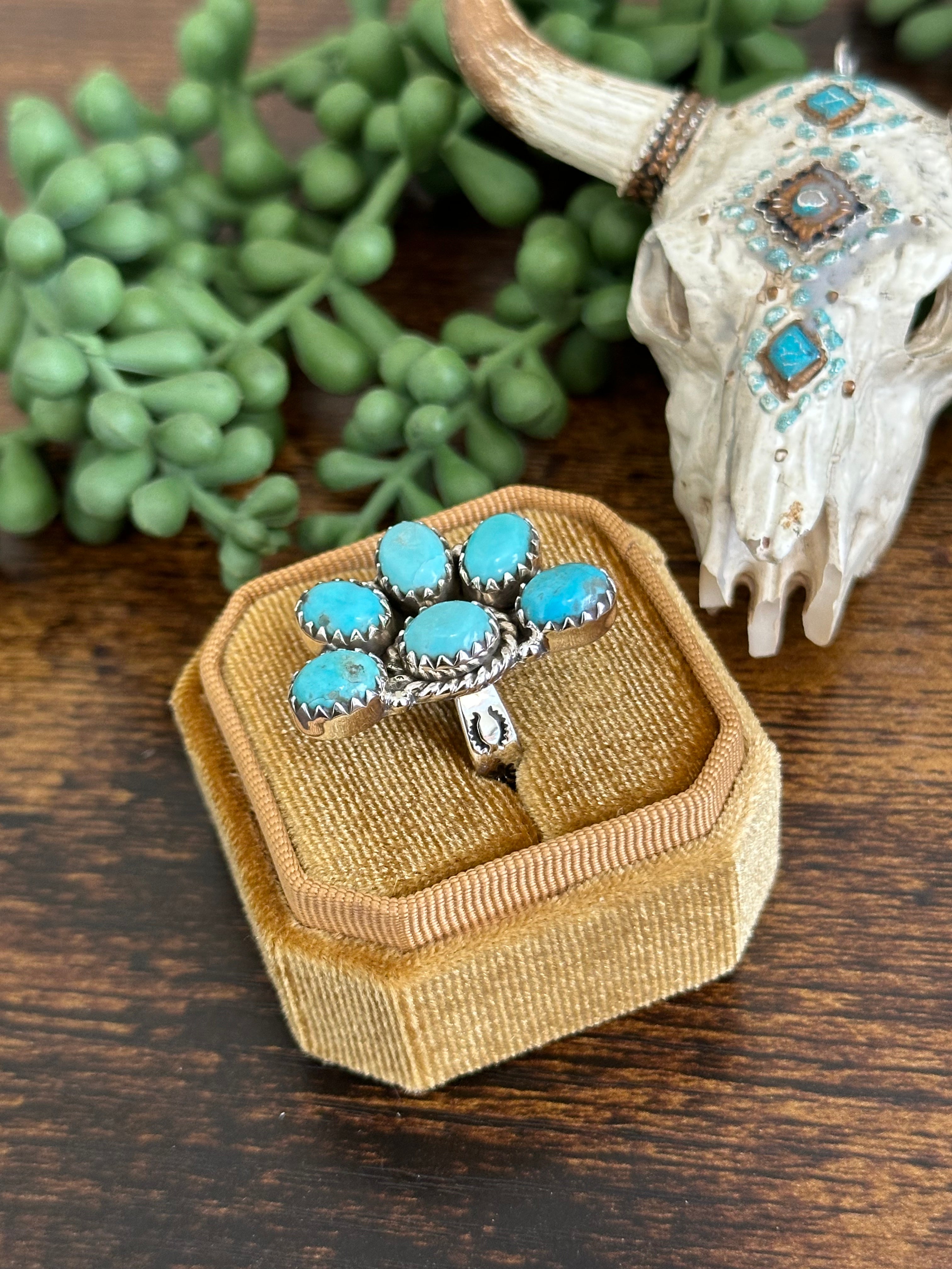 Southwest Handmade Kingman Turquoise & Sterling Silver Adjustable Cluster Ring