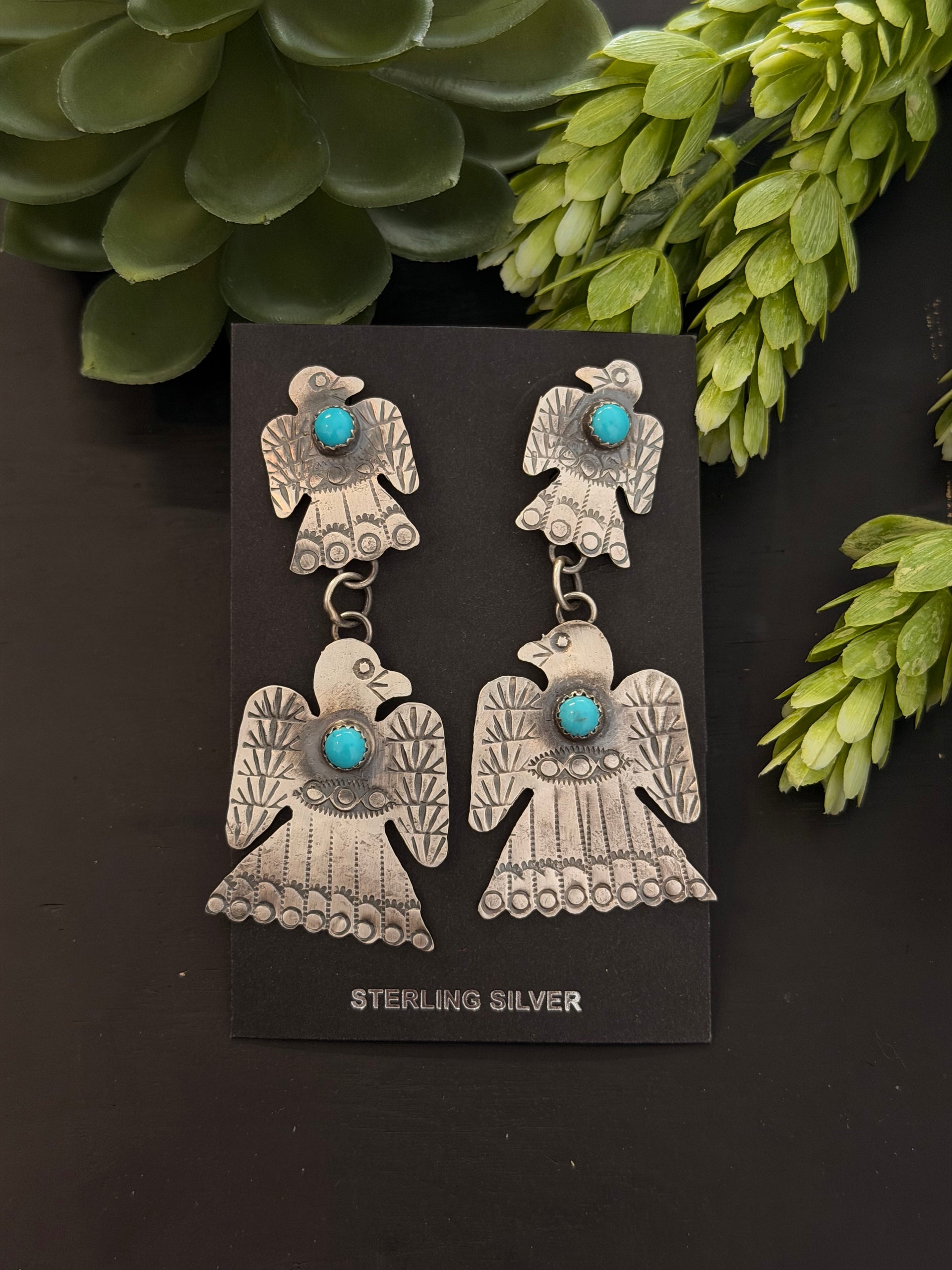 Gabriela Yazzie Kingman Turquoise & Sterling Silver Post Dangle Thunderbird Earrings