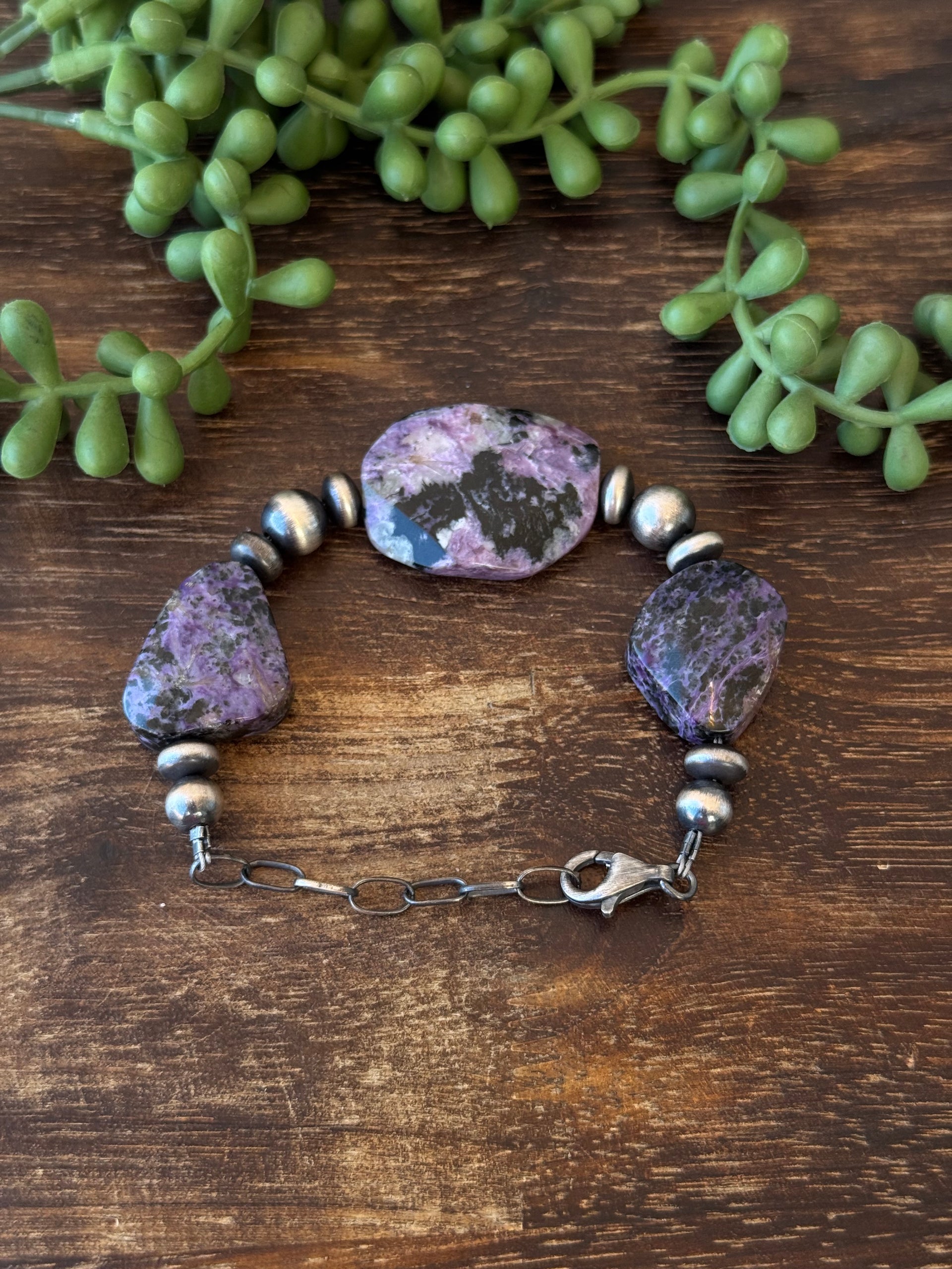 Navajo Strung Charoite & Sterling Silver Pearl Bracelet