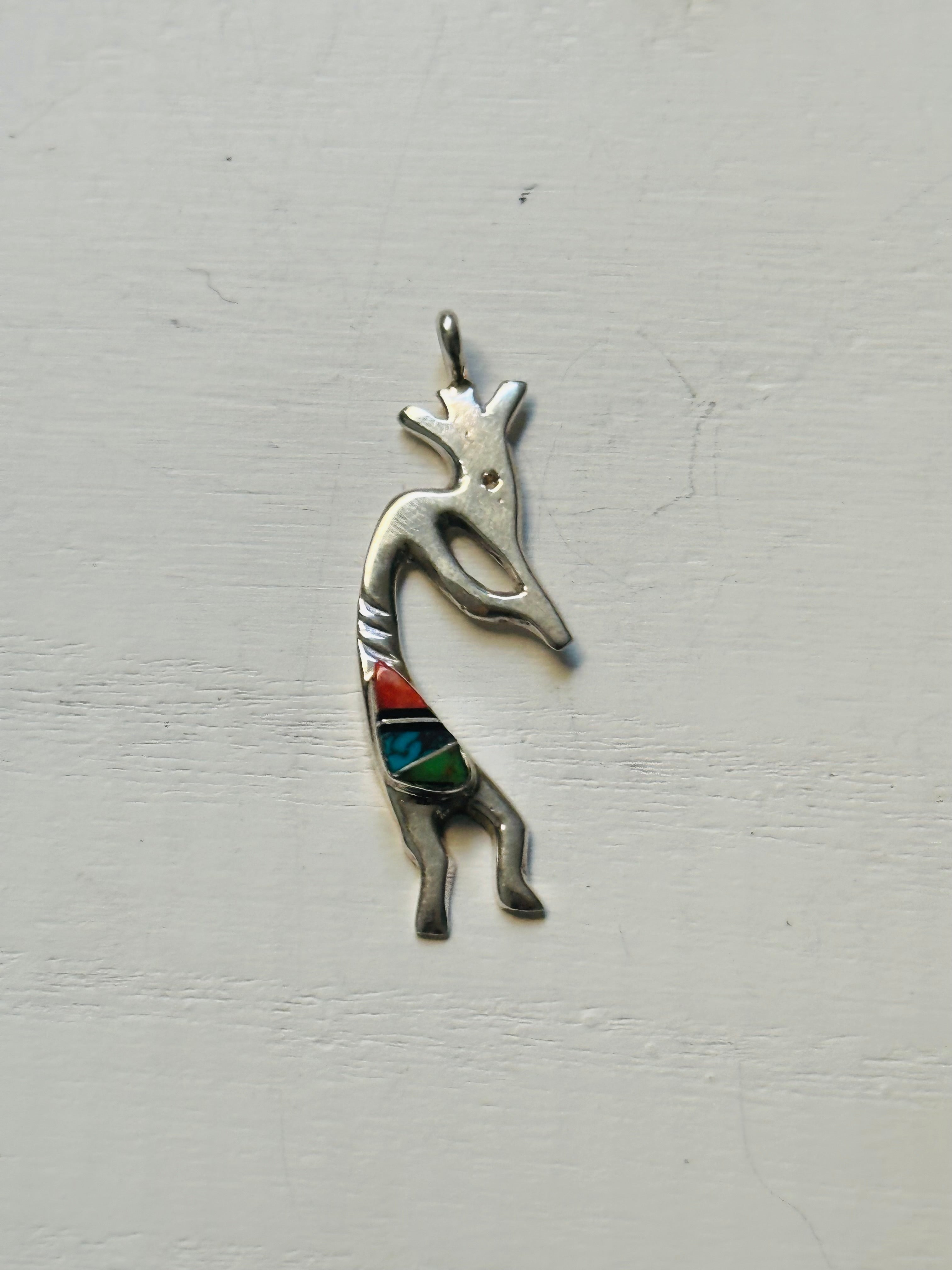 Joseph Martinez Multi Stone & Sterling Silver Inlay Kokopelli Pendant