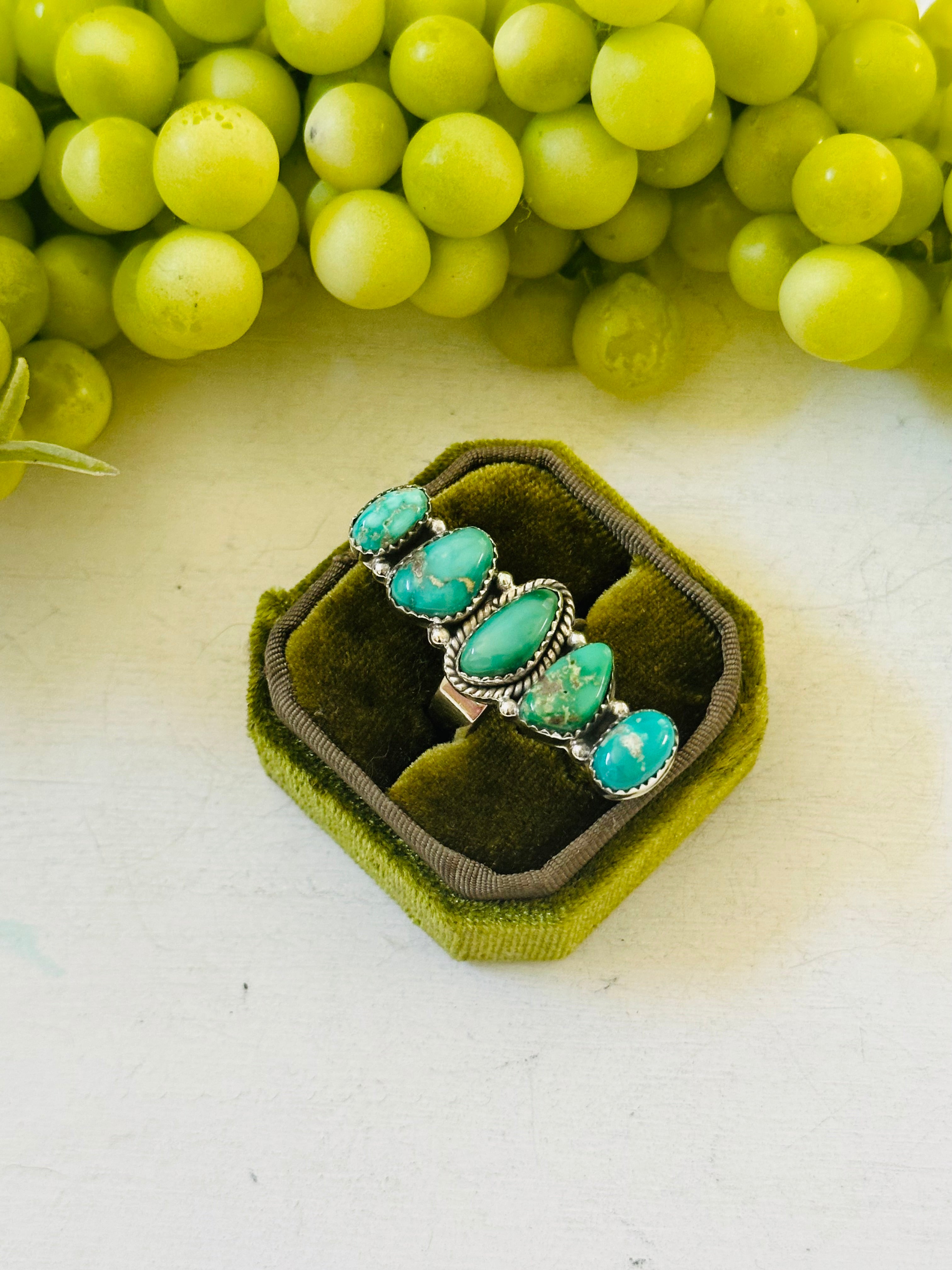 Southwest Handmade Emerald Valley Turquoise & Sterling Silver Adjustable Cluster Ring