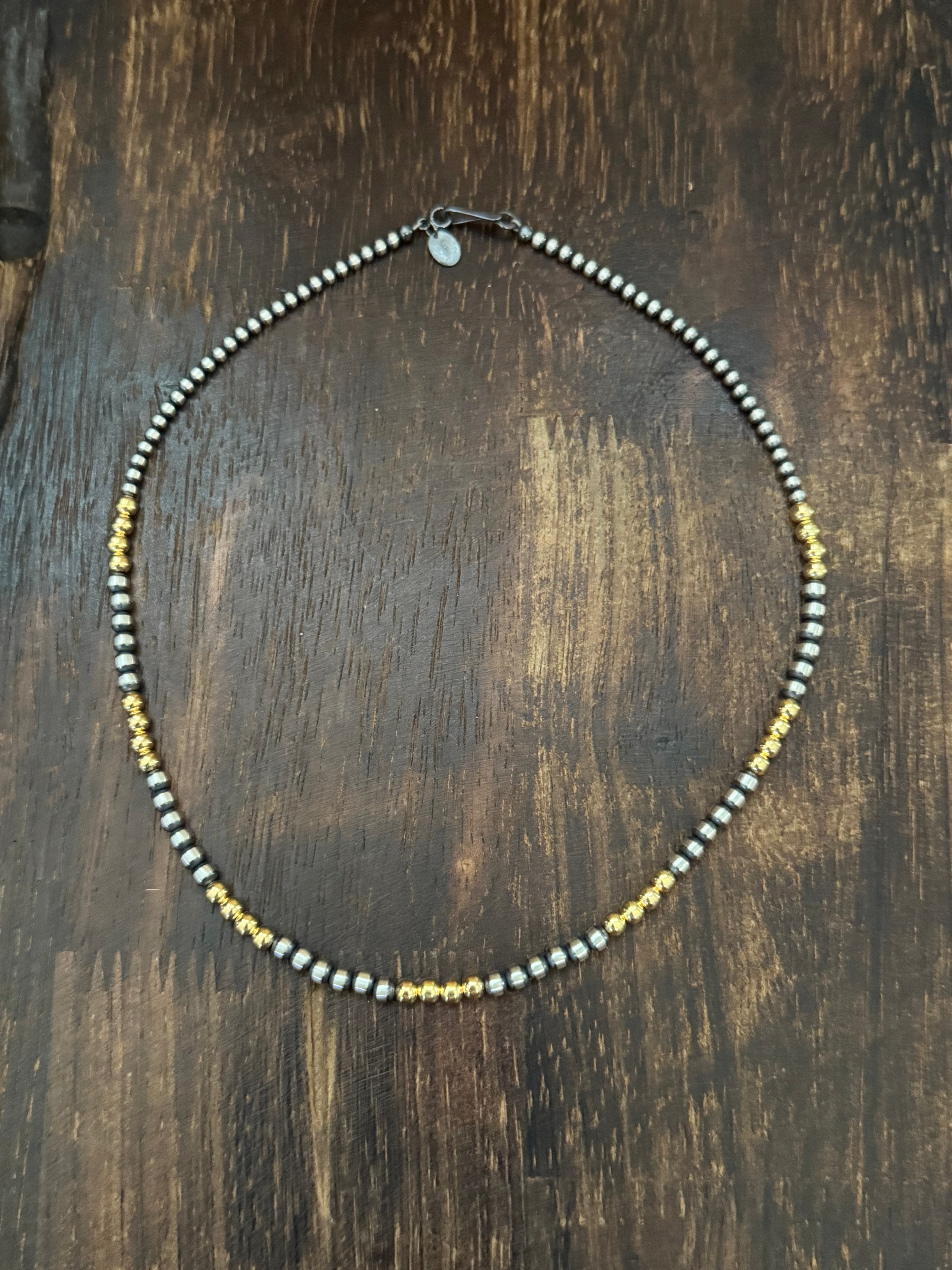 Navajo STRUNG Sterling Silver & 14 kt Gold Plate Graduated Pearl Necklace