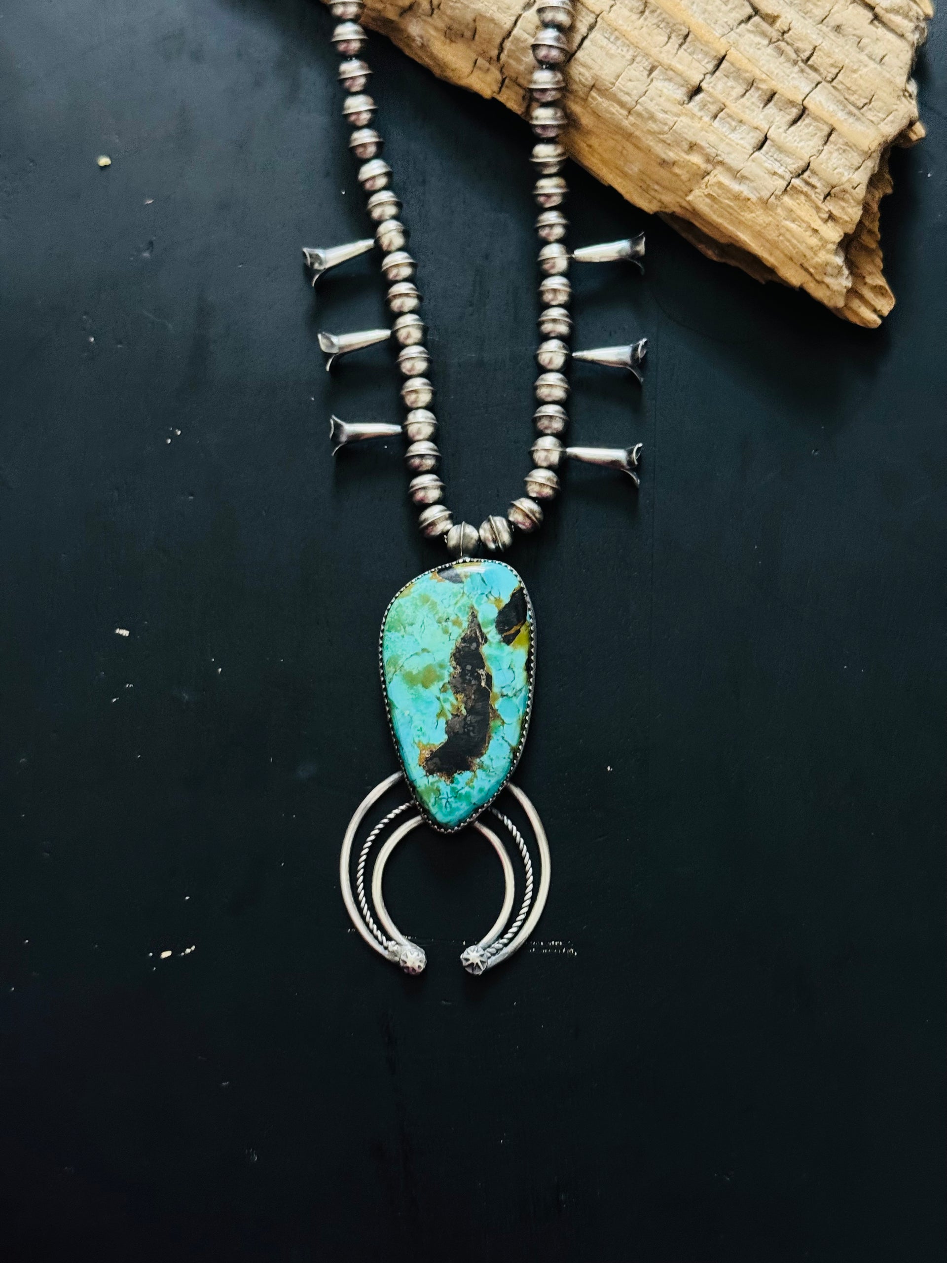 Navajo Made Black Jack Turquoise & Sterling Silver Squash Blossom Necklace