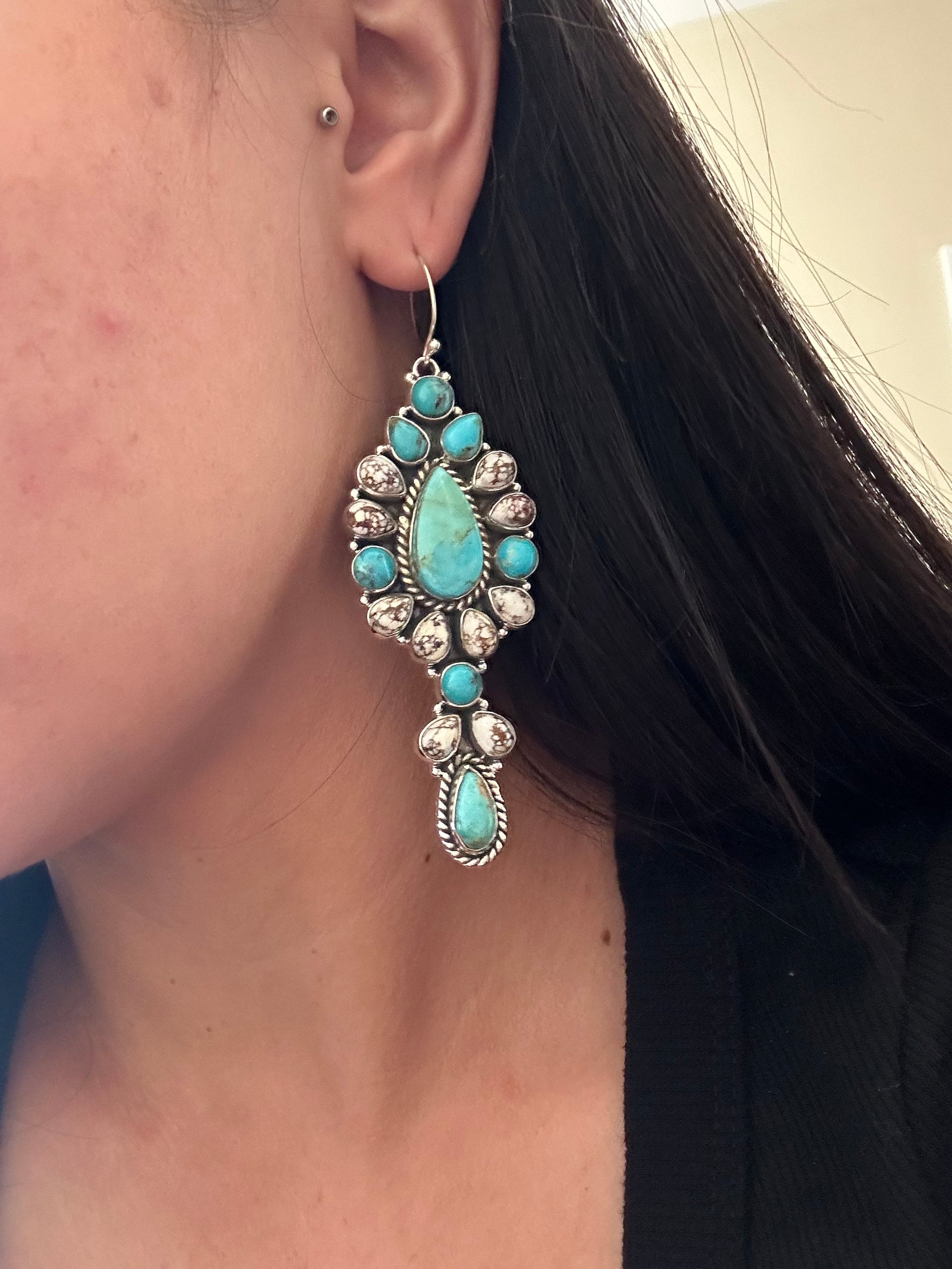 Southwest Handmade Multi Stone & Sterling Silver Dangle Cluster Earrings