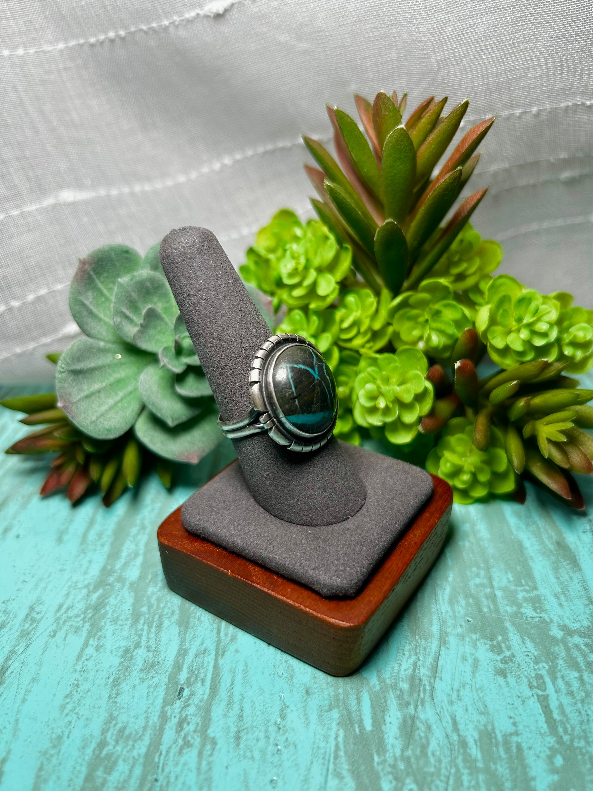 Navajo Made Blue Moon Turquoise & Sterling Sliver Ring Size 8.75