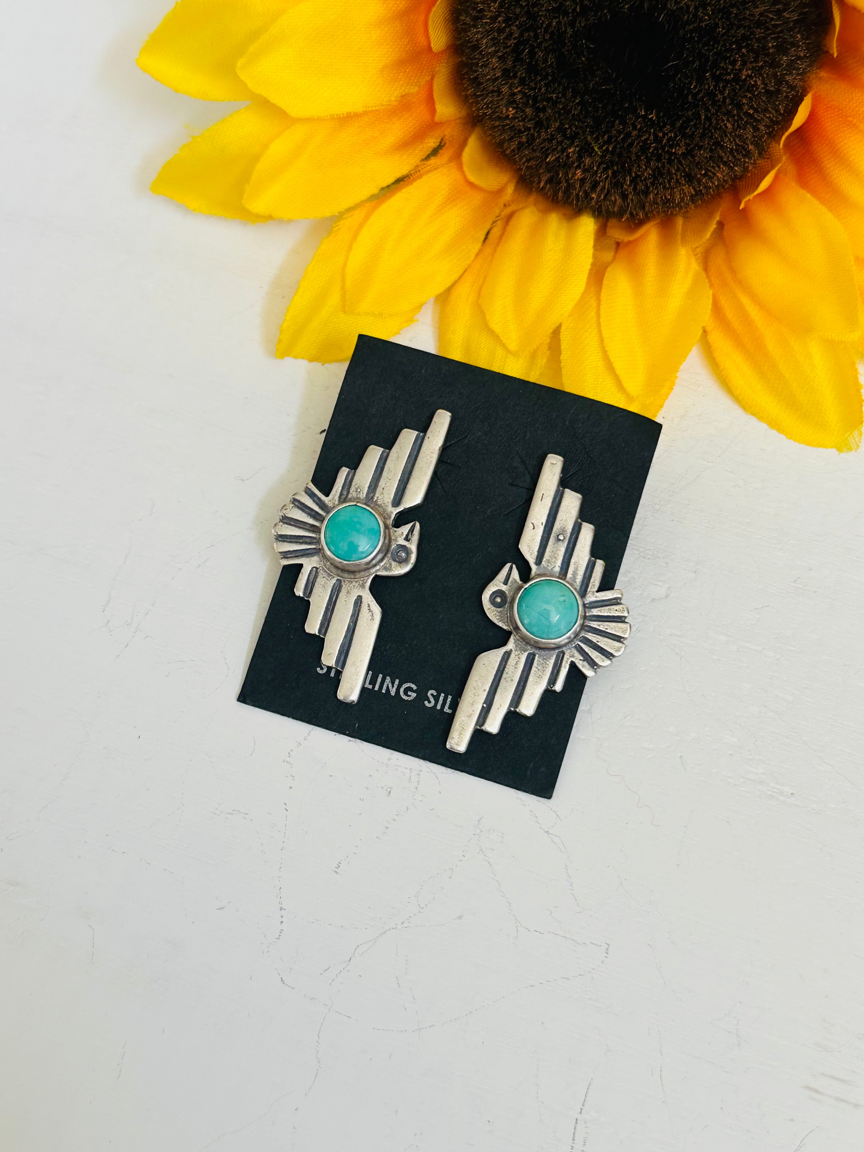 Navajo Handmade Kingman Turquoise & Sterling Silver Post Thunderbird Earrings