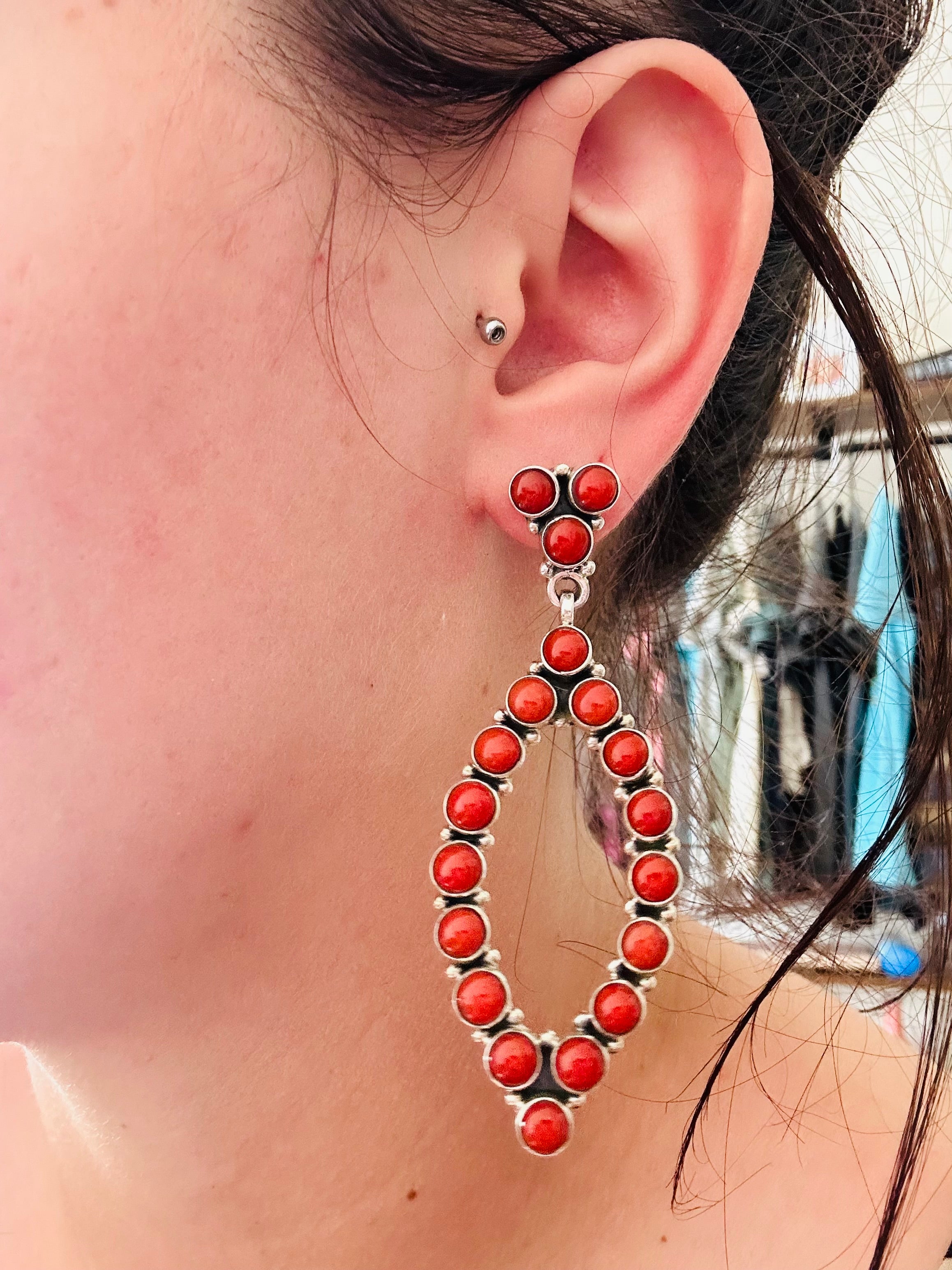 Navajo Made Coral & Sterling Silver Post Dangle Earrings