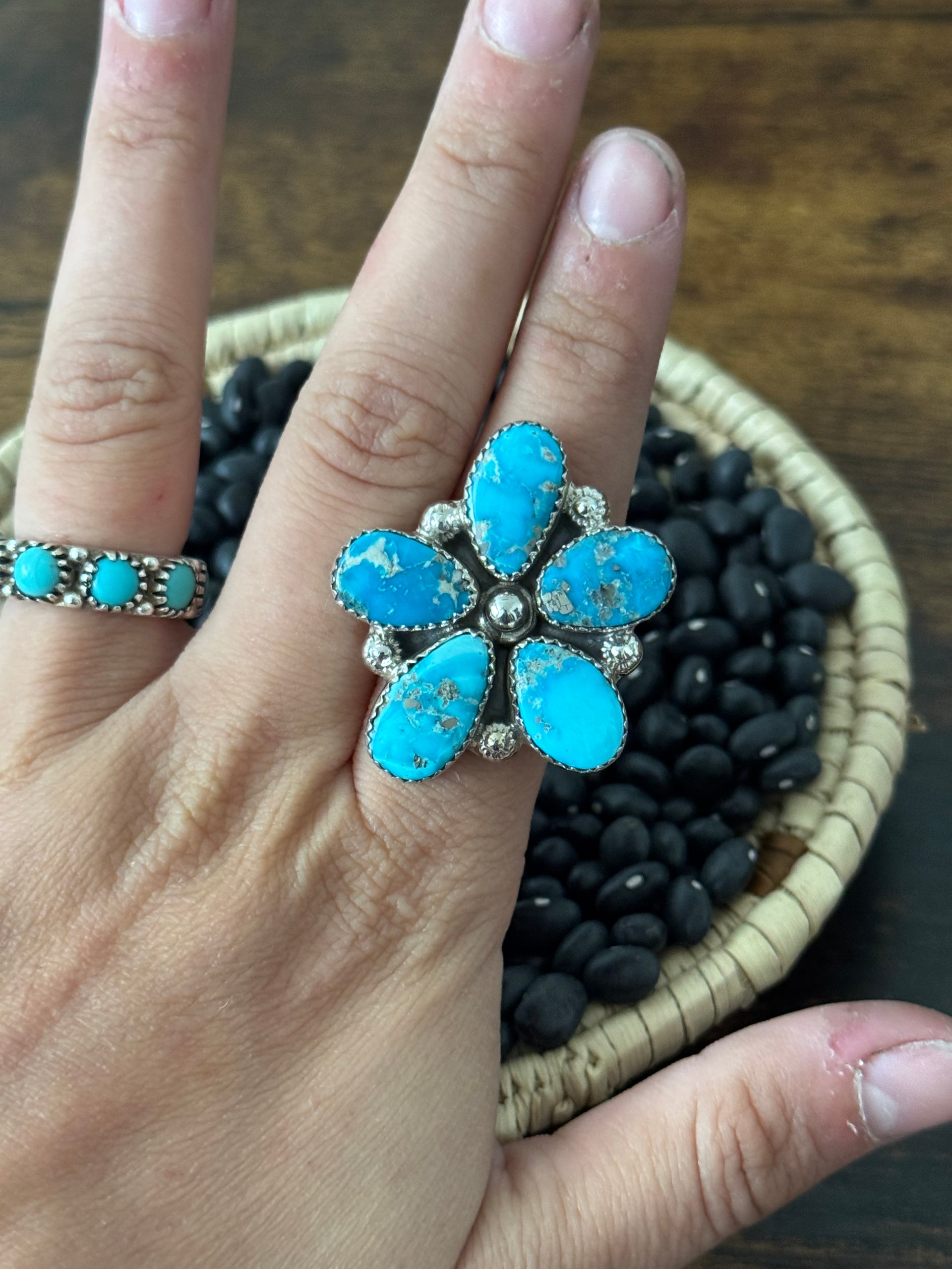 Southwest Handmade Valley Blue Turquoise & Sterling Silver Adjustable Cluster Ring