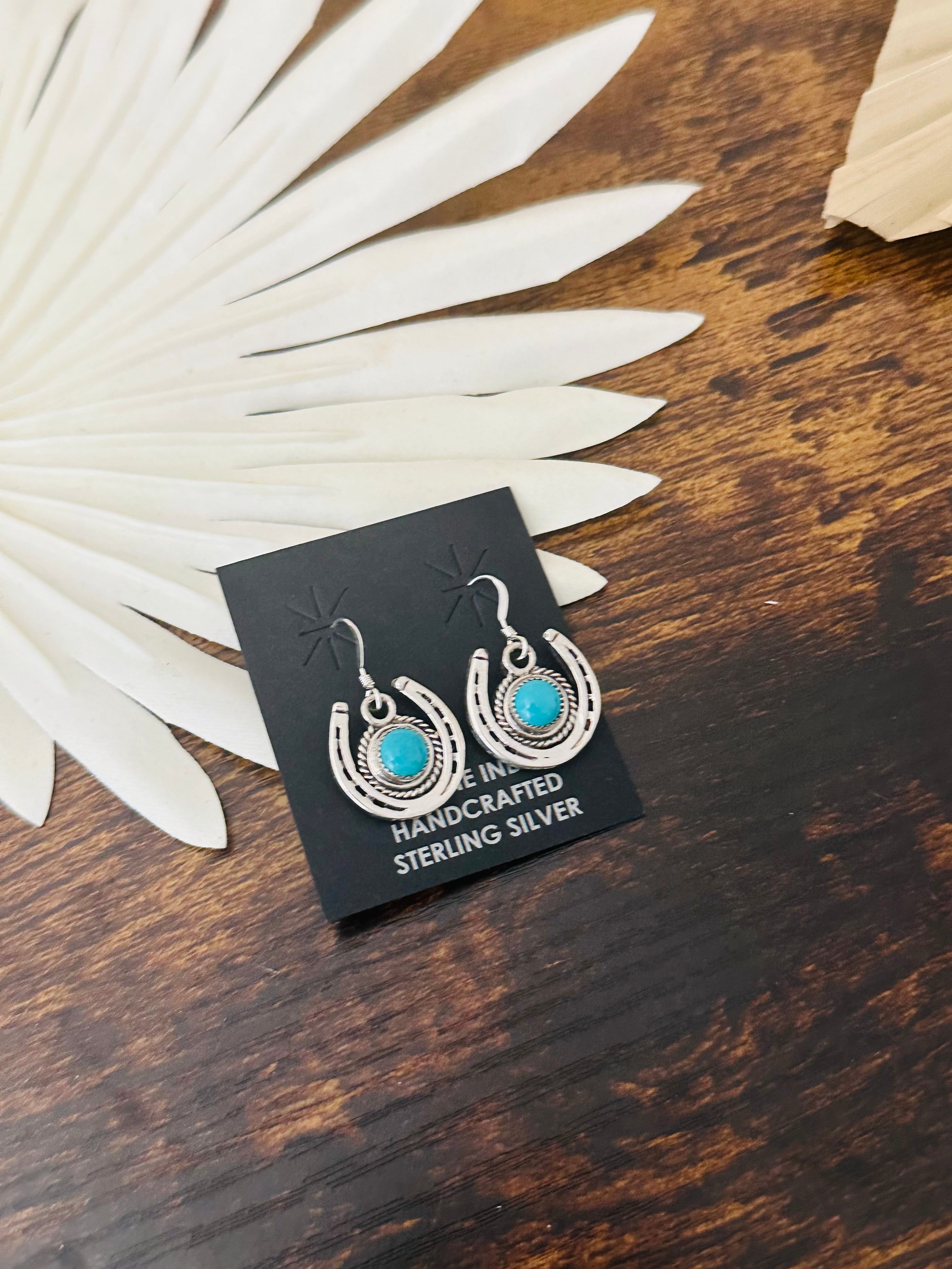 Navajo Made Kingman Turquoise & Sterling Silver Horse Shoe Dangle Earrings