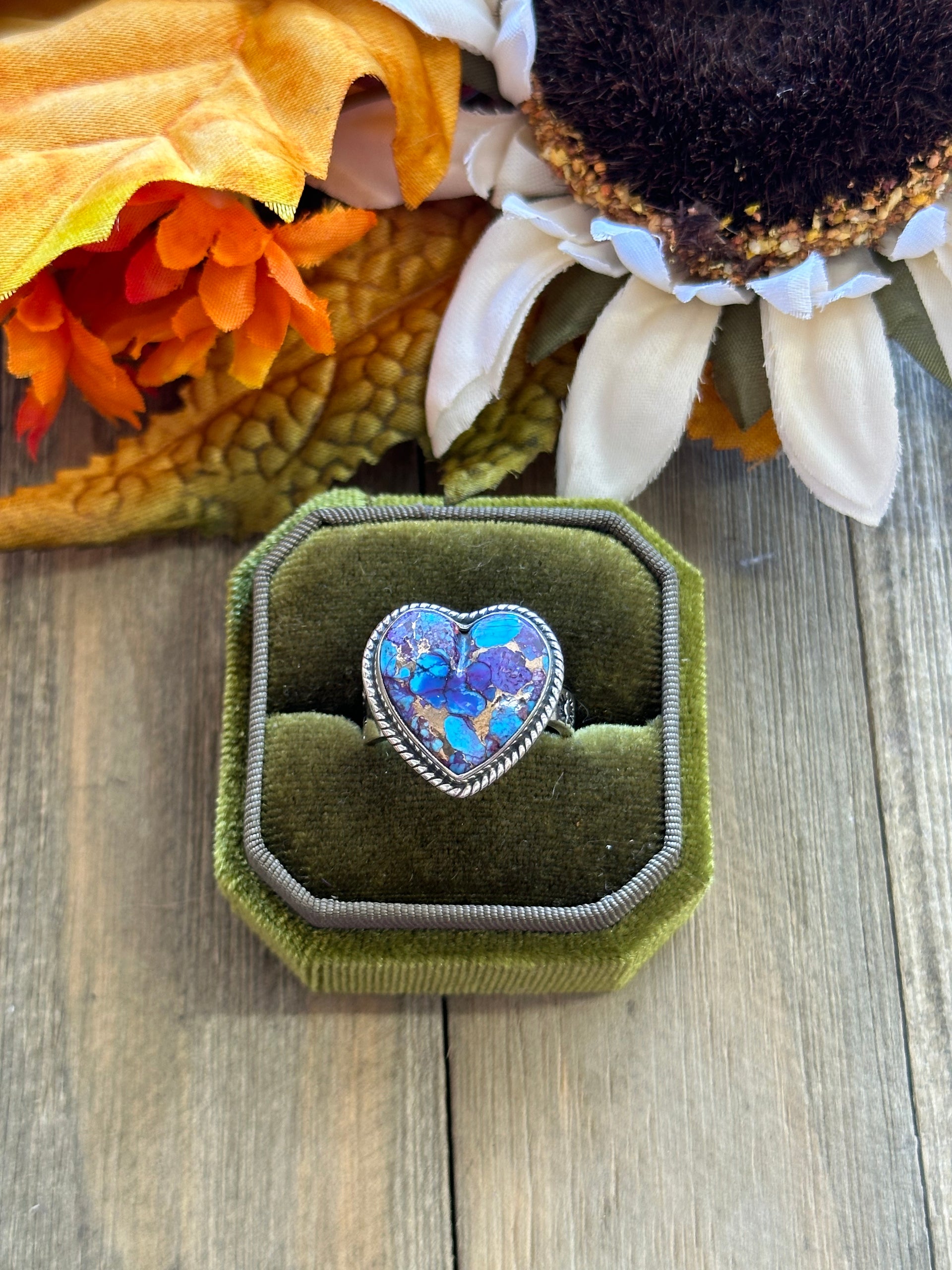 Southwest Handmade Mohave Turquoise & Sterling Silver Adjustable Heart Ring