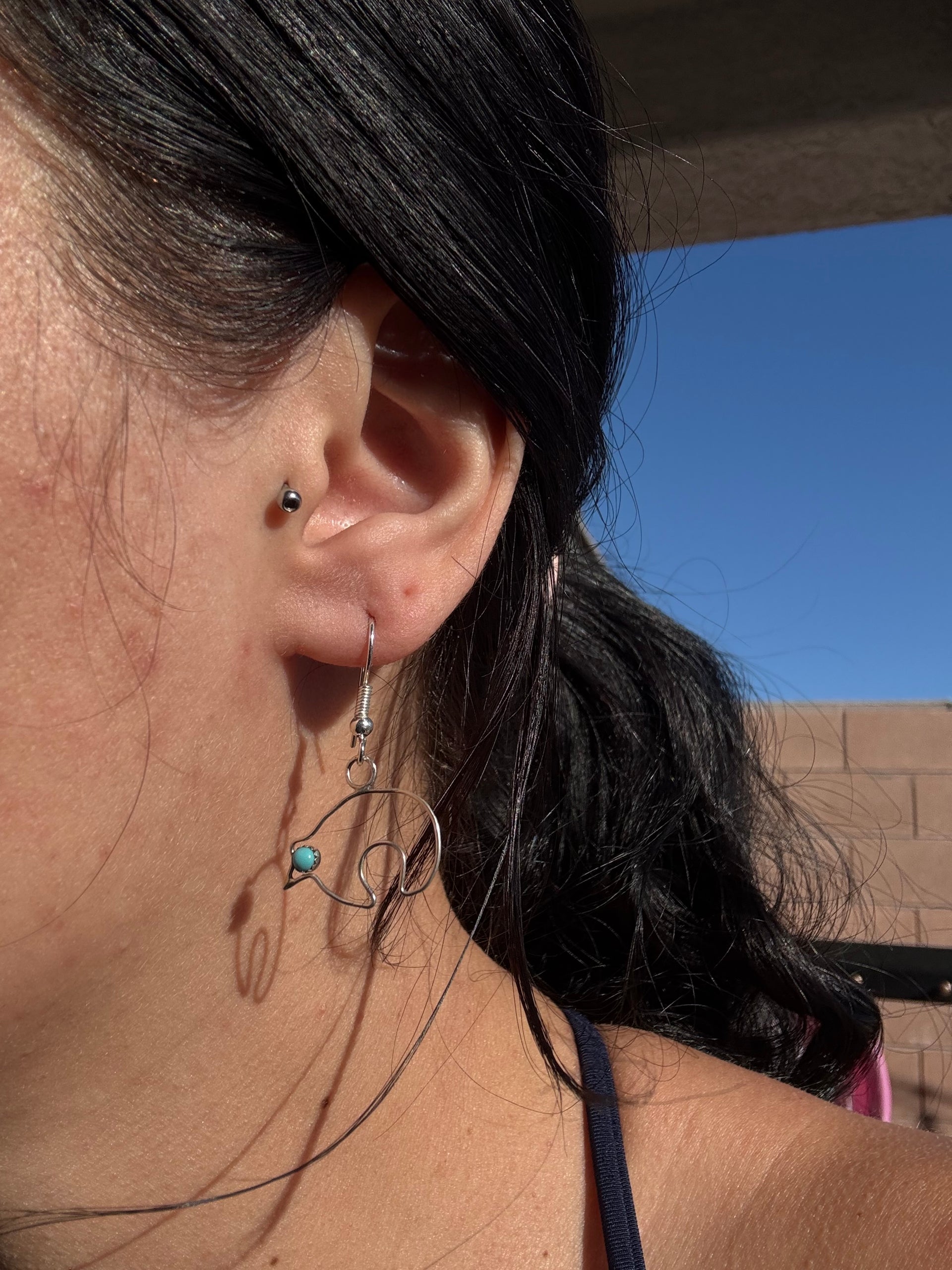 Navajo Made Kingman Turquoise & Sterling Silver Dangle Bear Earrings