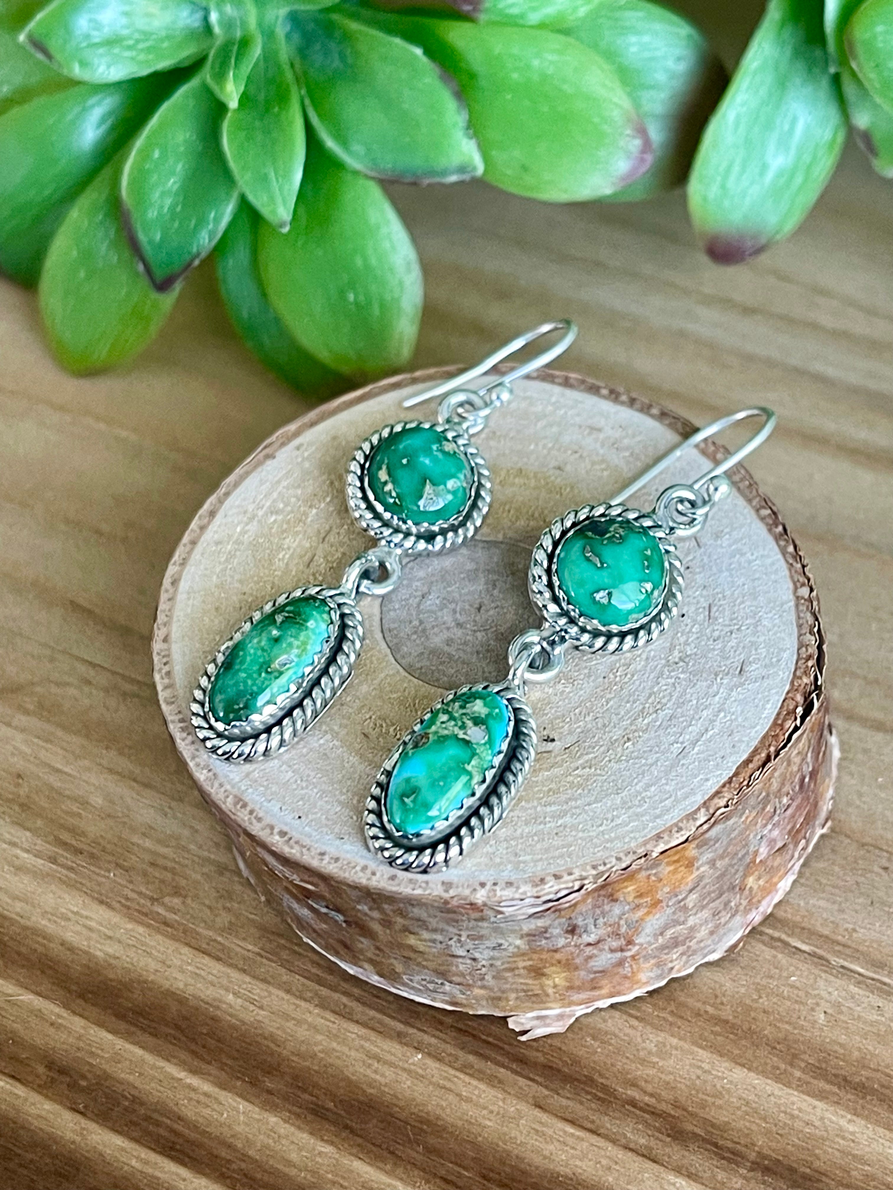 Southwest Handmade Sonoran Mountain Turquoise & Sterling Silver Post Dangle Earrings