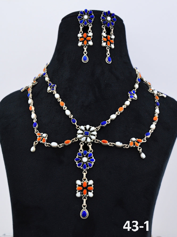 Southwest Made Lapis, White Buffalo with Orange Muhave & Sterling Silver Necklace-Earrings Set