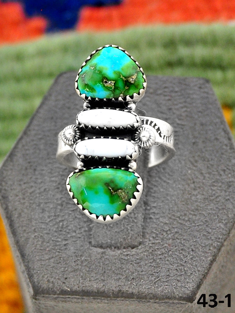 Southwest Handmade Sonoran Turquoise with White Buffalo & Sterling Silver Adjustable Ring