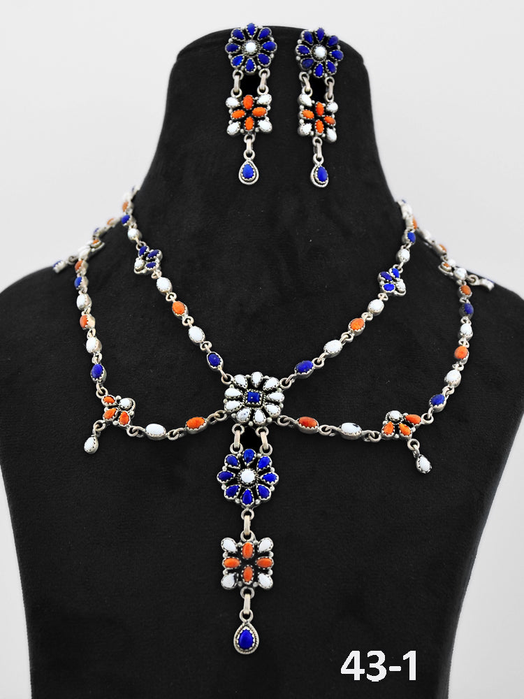 Southwest Made Lapis, White Buffalo with Orange Muhave & Sterling Silver Necklace-Earrings Set