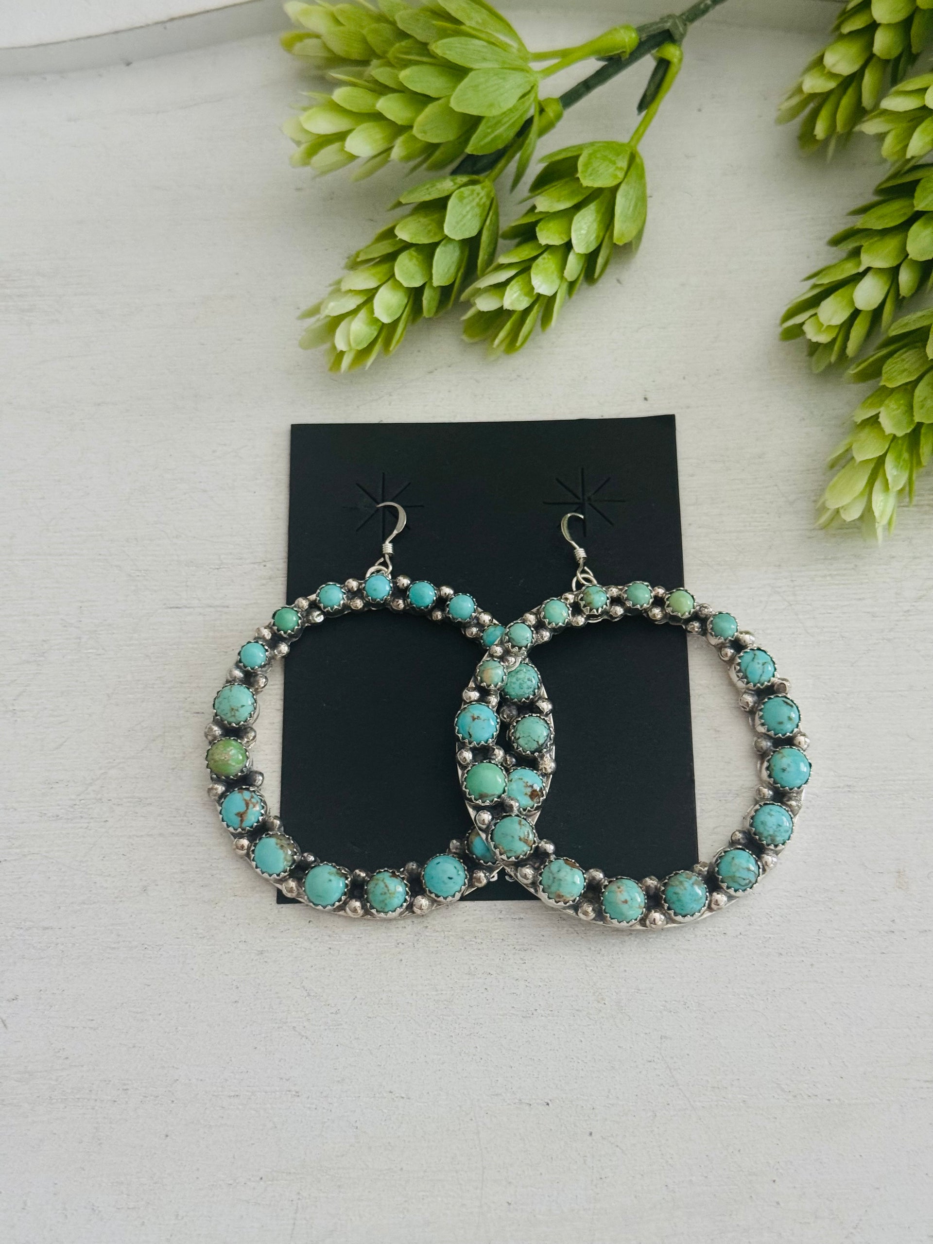 Pearline Spencer Kingman Turquoise & Sterling Silver Dangle Hoop Earrings
