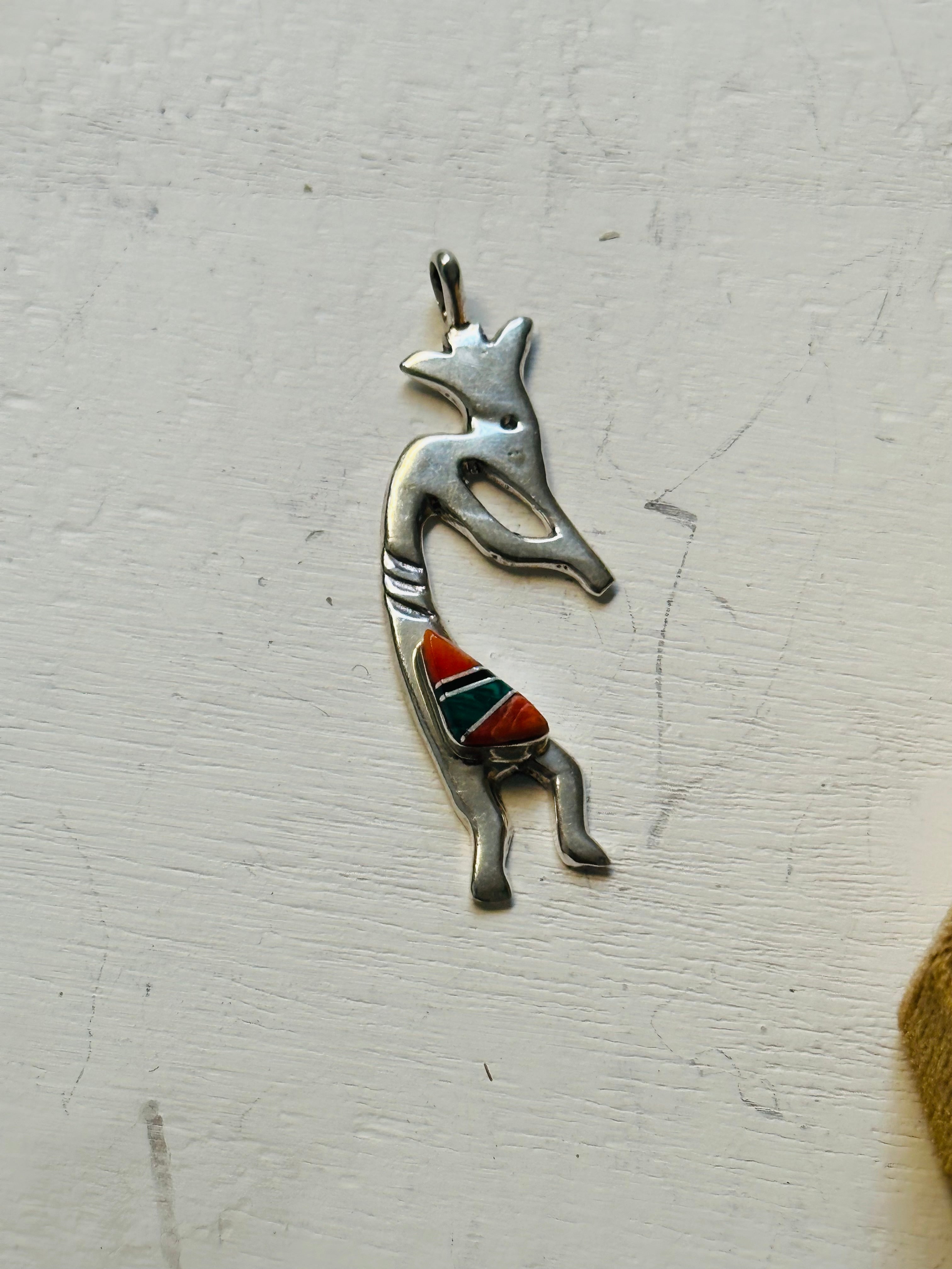 Joseph Martinez Multi Stone & Sterling Silver Inlay Kokopelli Pendant