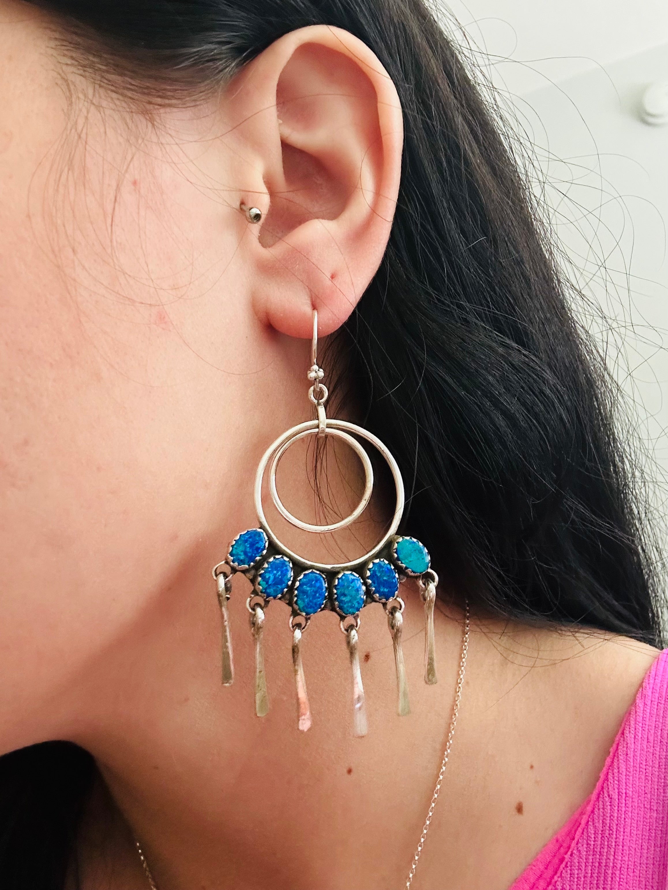 Southwest Handmade Blue Opal & Sterling Silver Dangle Earrings