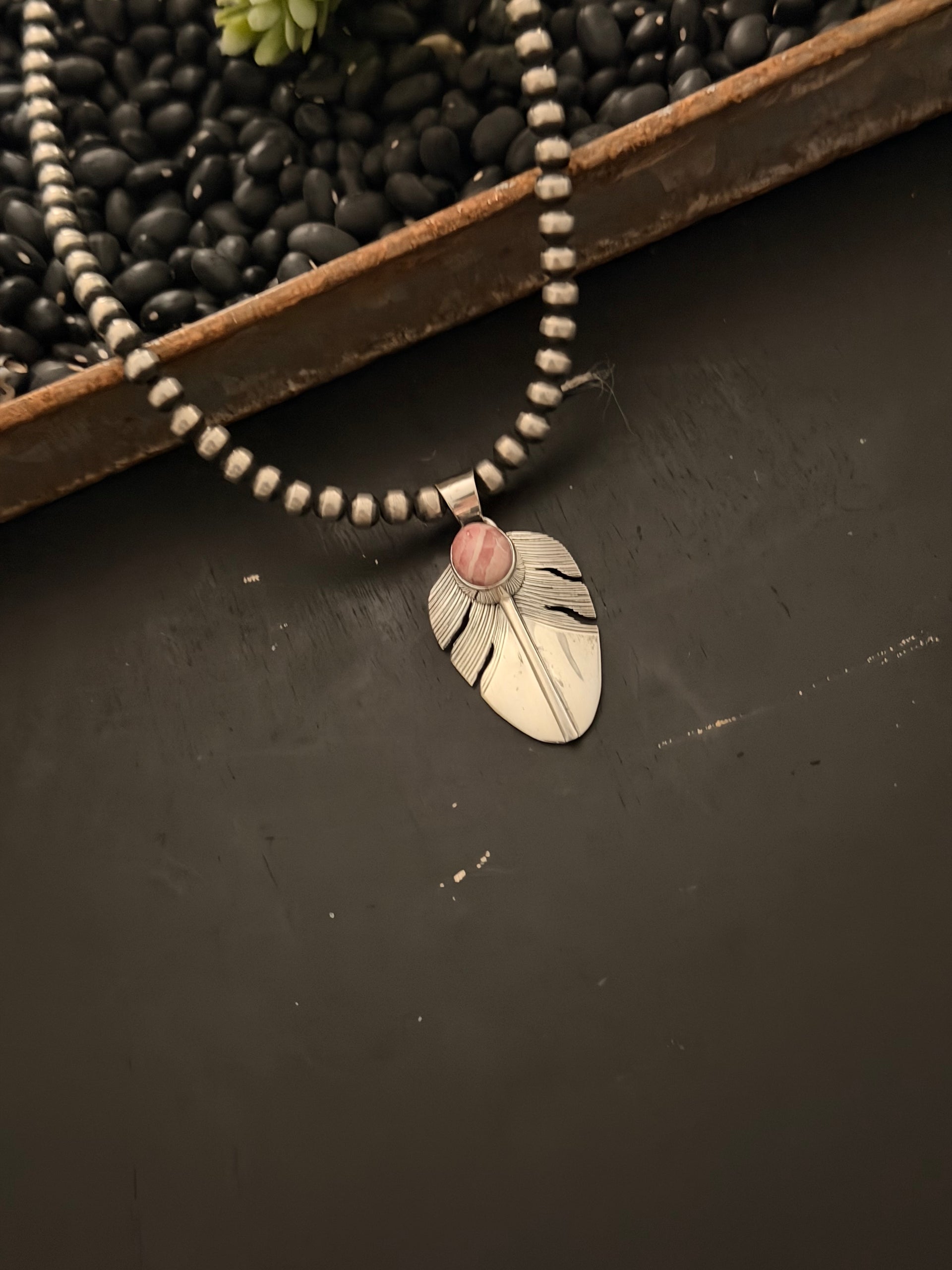 Navajo Made Rhodochrosite & Sterling Silver Feather Pendant