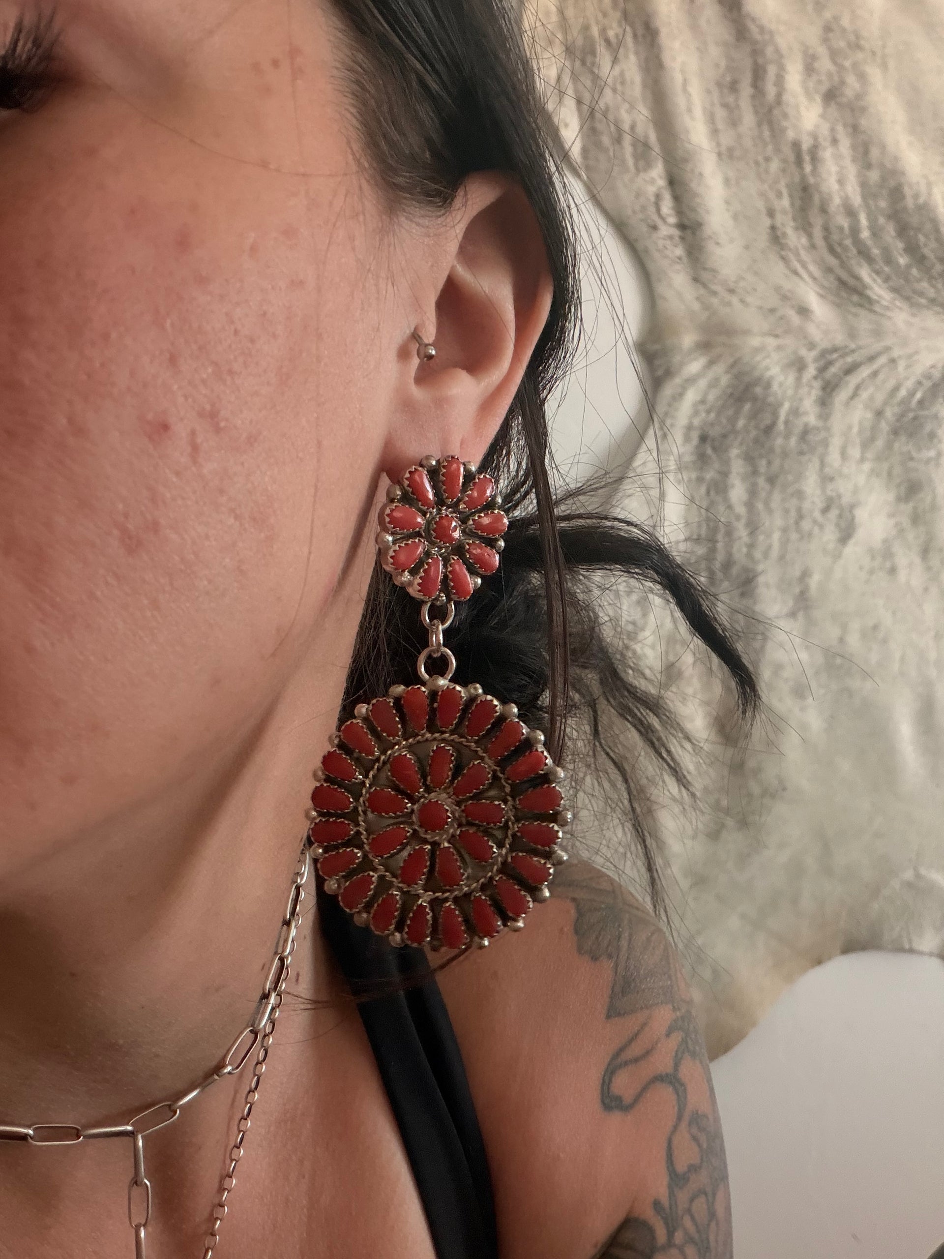 Navajo Made Natural Coral & Sterling Silver Post Dangle Cluster Earrings