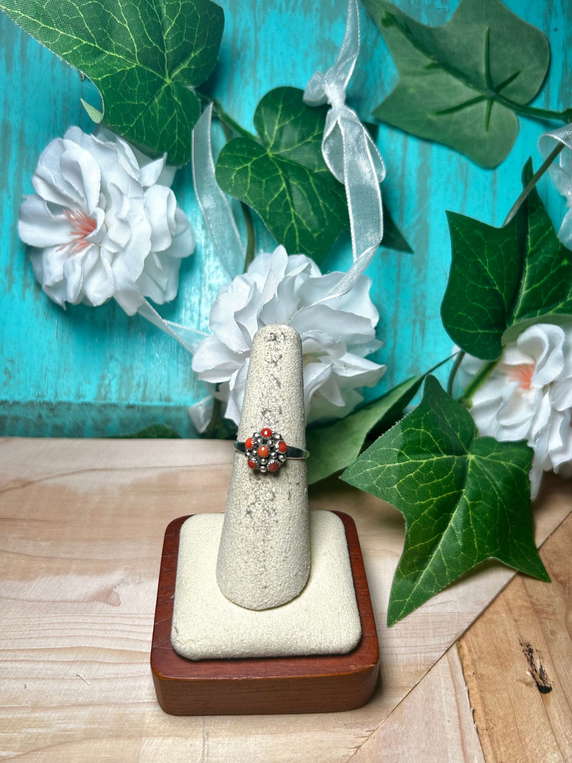 Navajo Made Red Coral & Sterling Silver Ring