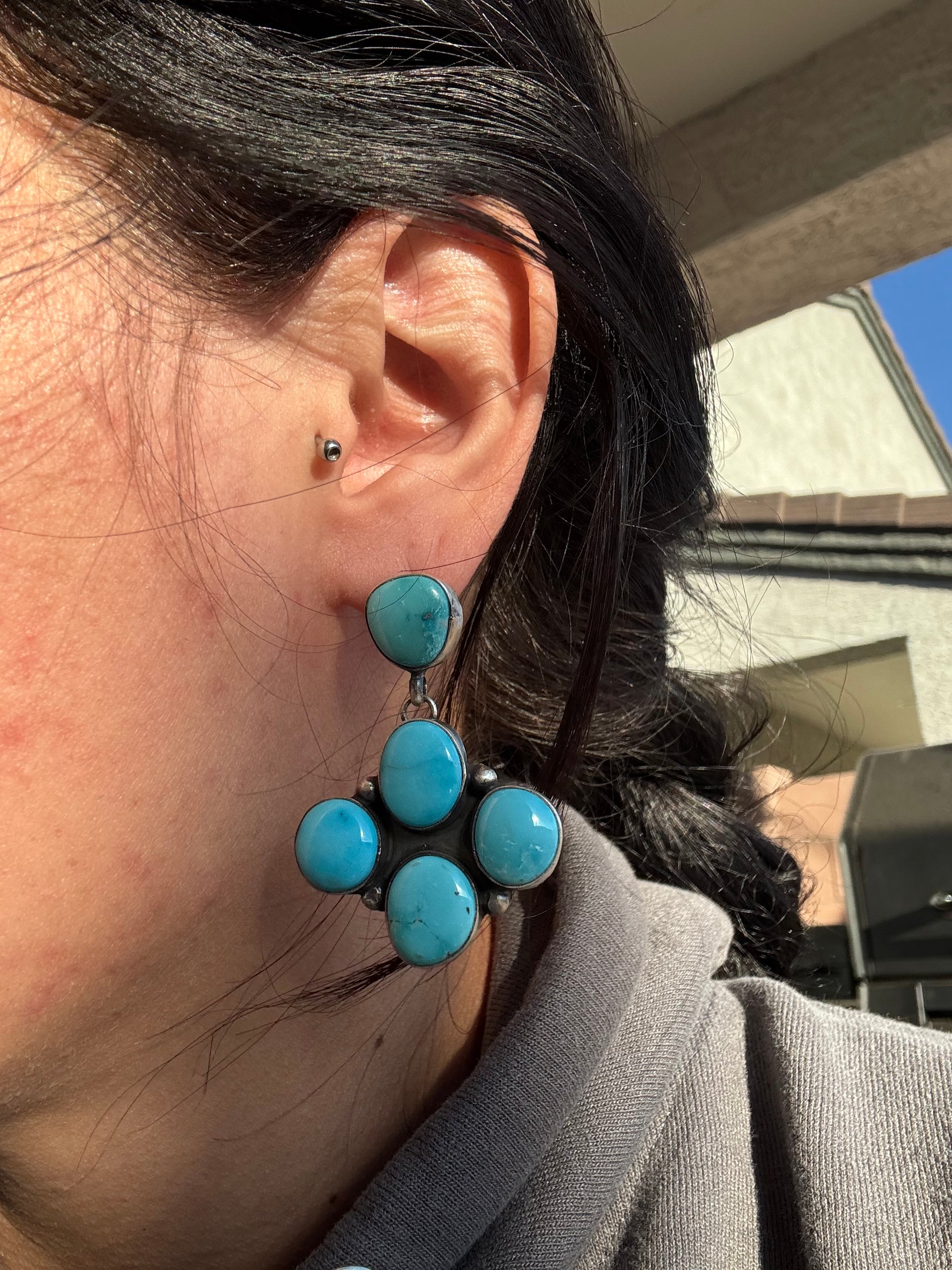 Darrin Livingston Blue Ridge Turquoise & Sterling Silver Post Dangle Cluster Earrings