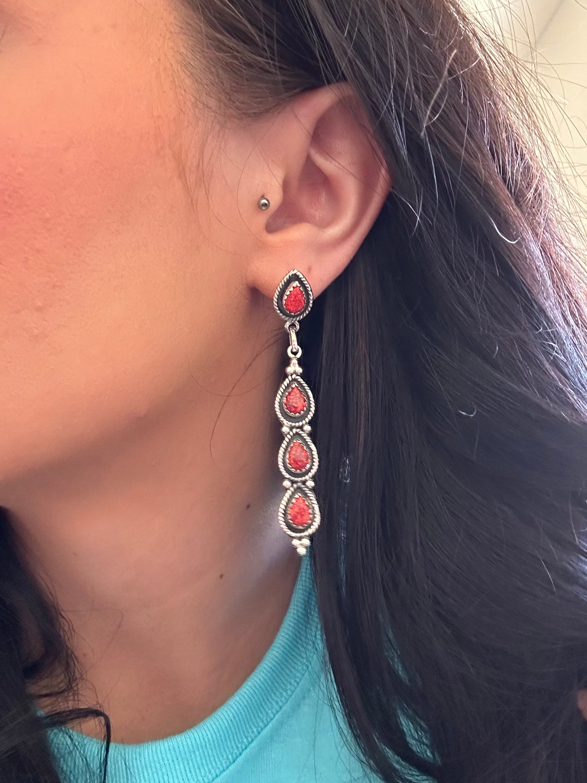 Southwest Handmade Red Opal & Sterling Silver Post Dangle Earrings
