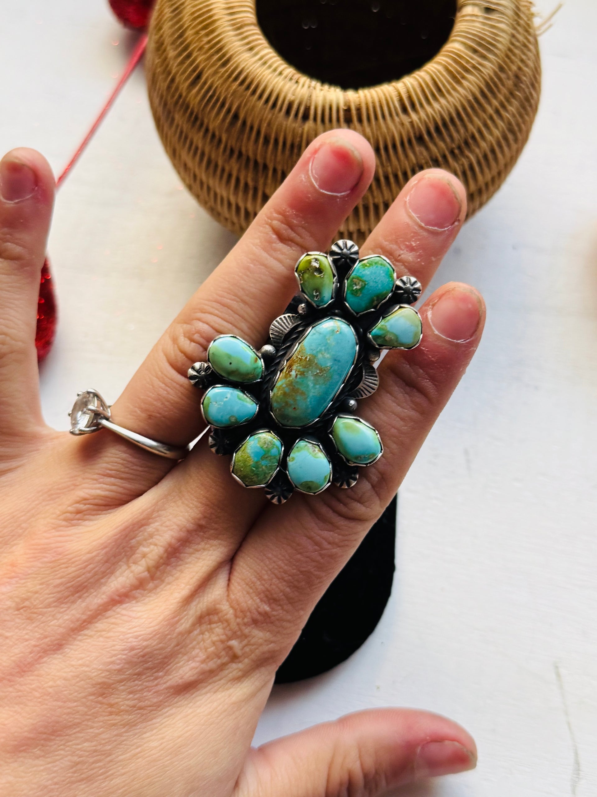 Scott Skeets Sonoran Mountain Turquoise &  Sterling Silver Cluster Ring Size 8.25