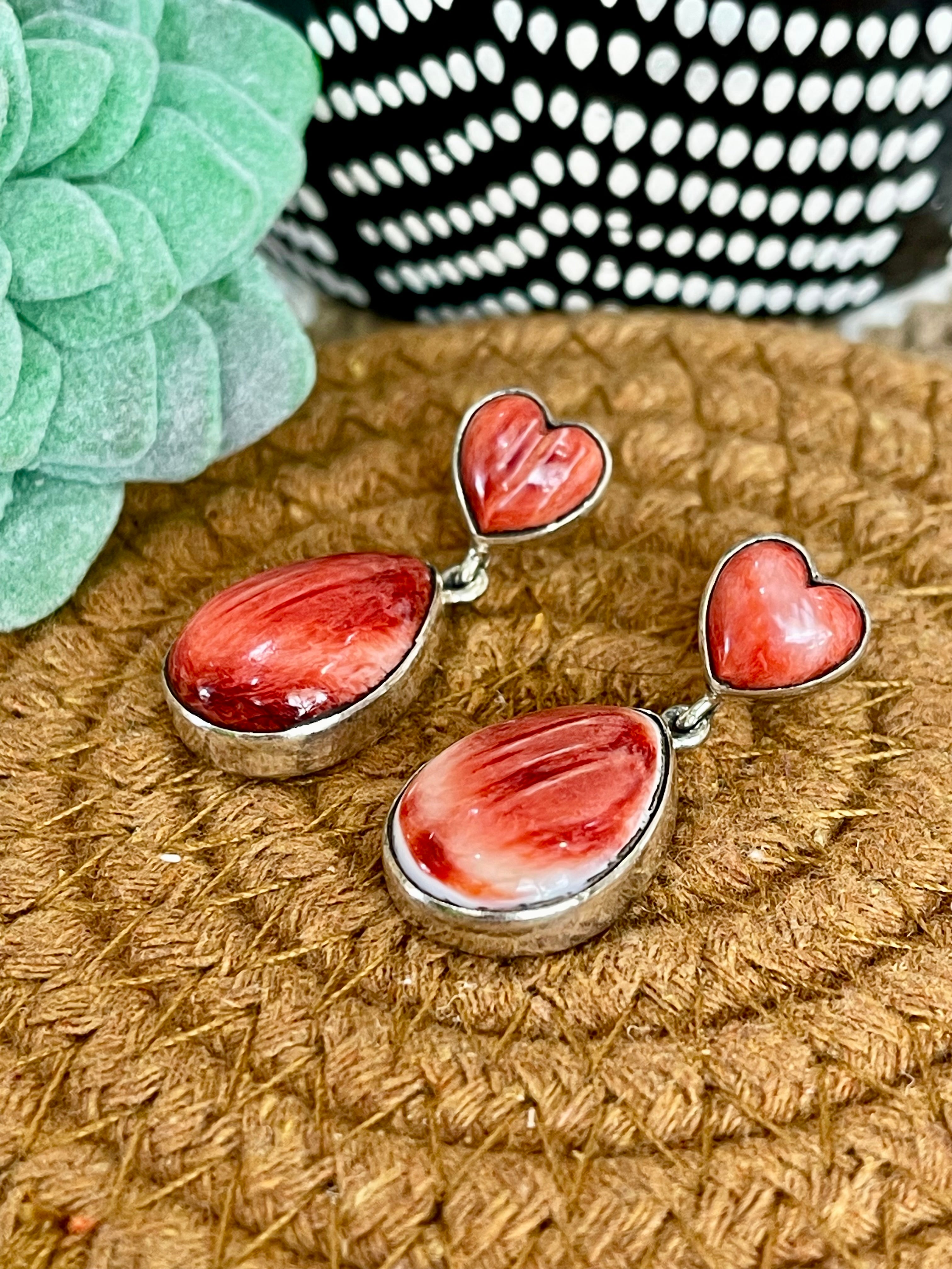 Navajo Made Red Spiny & Sterling Silver Post Dangle Earrings